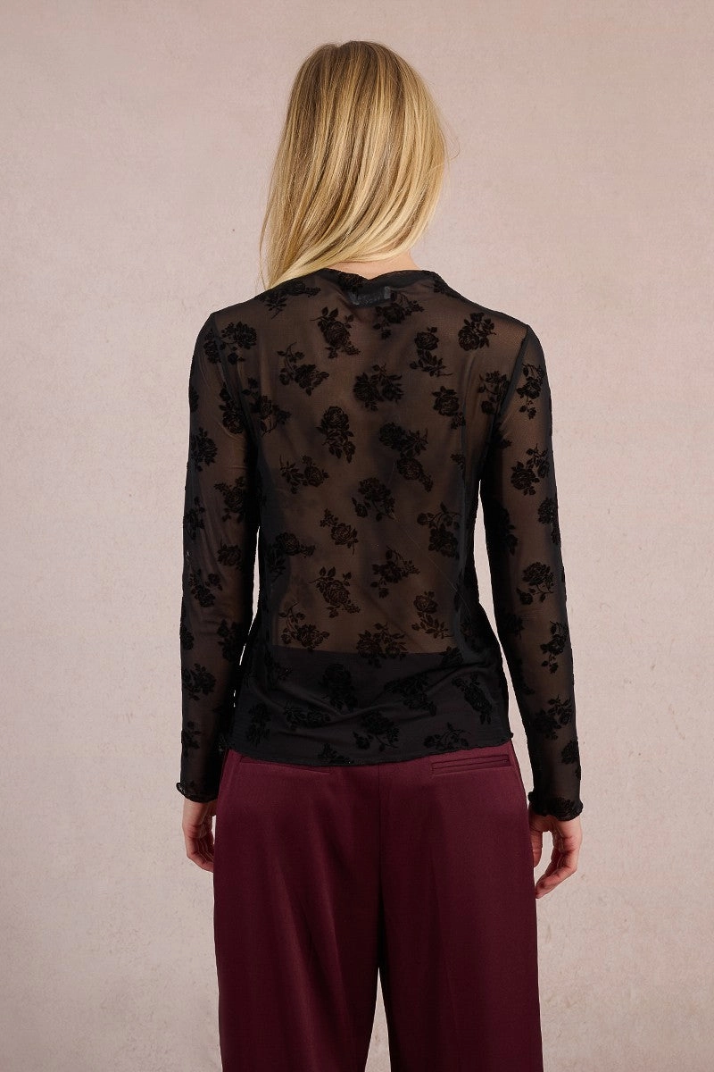 Velvet Flocked Top in Black Relaxed Top Fitted Design