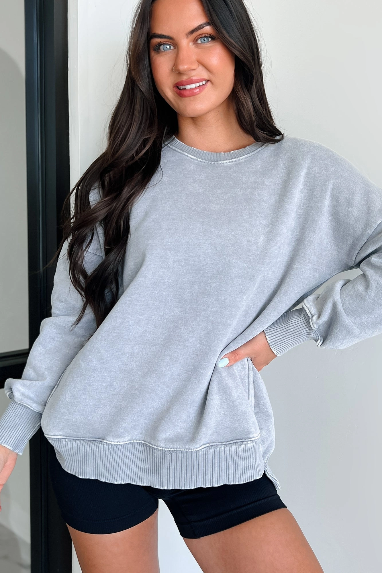 EasyCare Fabric FrictionResistant Edges Lazy Version Mineral Wash Zenana Crewneck Sweatshirt (Sleet)