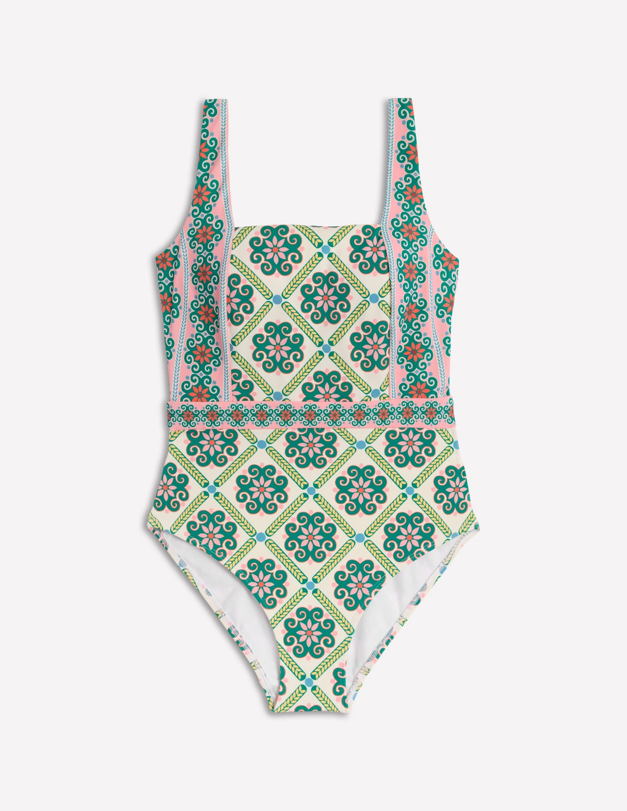 Lefkada Square Neck Swimsuit-Rich Emerald, Baroque Tile Pastel Shades