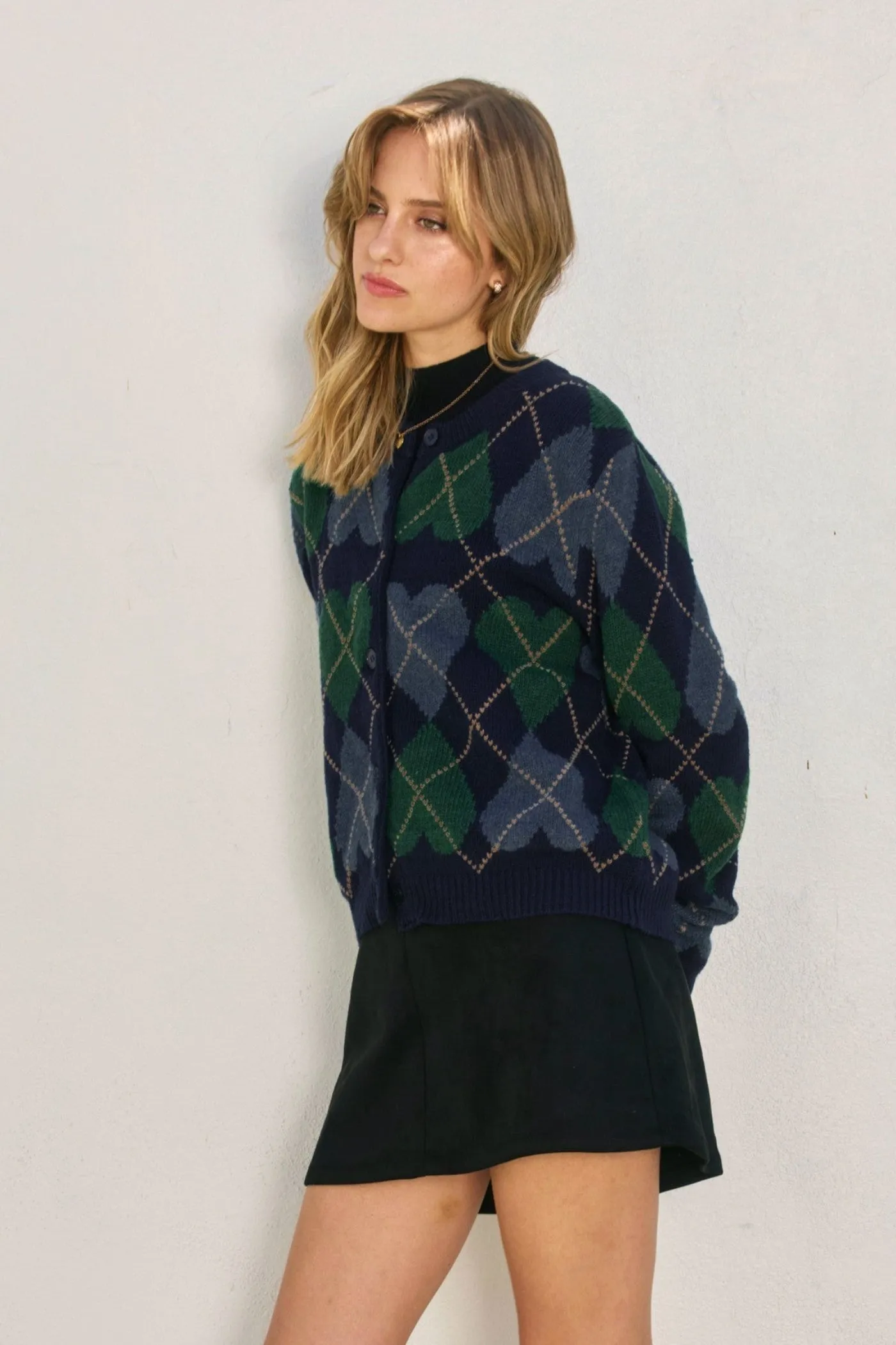 LENA HEART ARGYLE CARDIGAN Tagless Neckline Design
