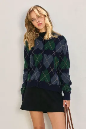 Ribbed Hem Finish LENA HEART ARGYLE CARDIGAN