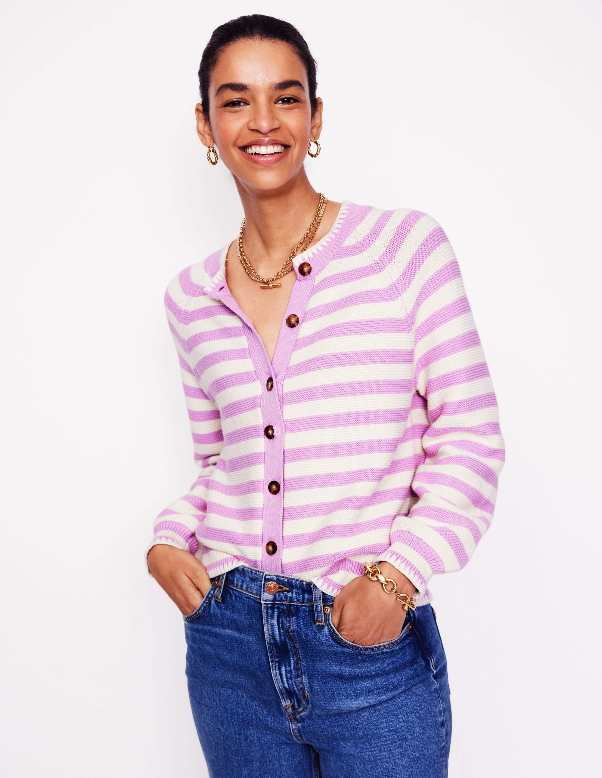 Lena Stitch Detail Cardigan-Soft Lavender and Ivory Stripe Urban Casual