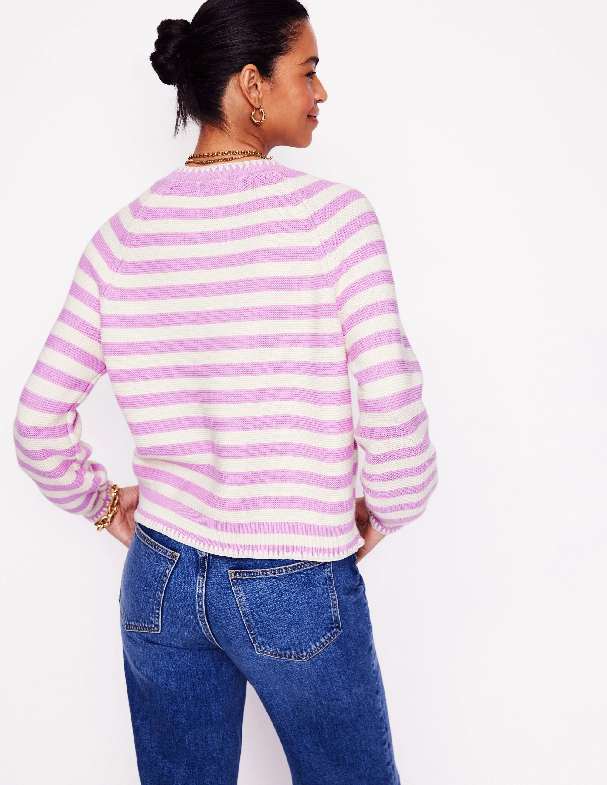 Lena Stitch Detail Cardigan-Soft Lavender and Ivory Stripe Stretch Recovery Yarn QuickDry Technology