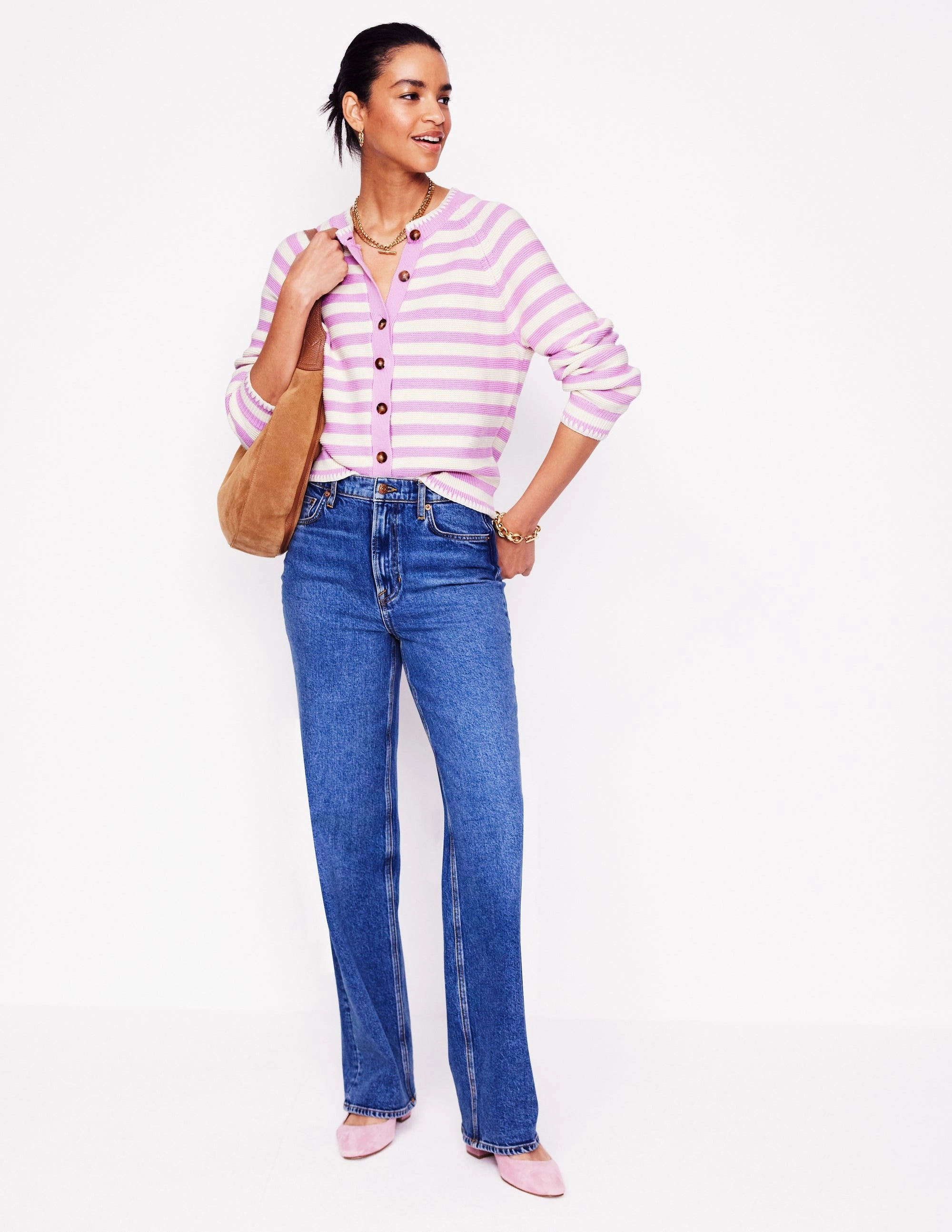 Lena Stitch Detail Cardigan-Soft Lavender and Ivory Stripe Everyday Comfort