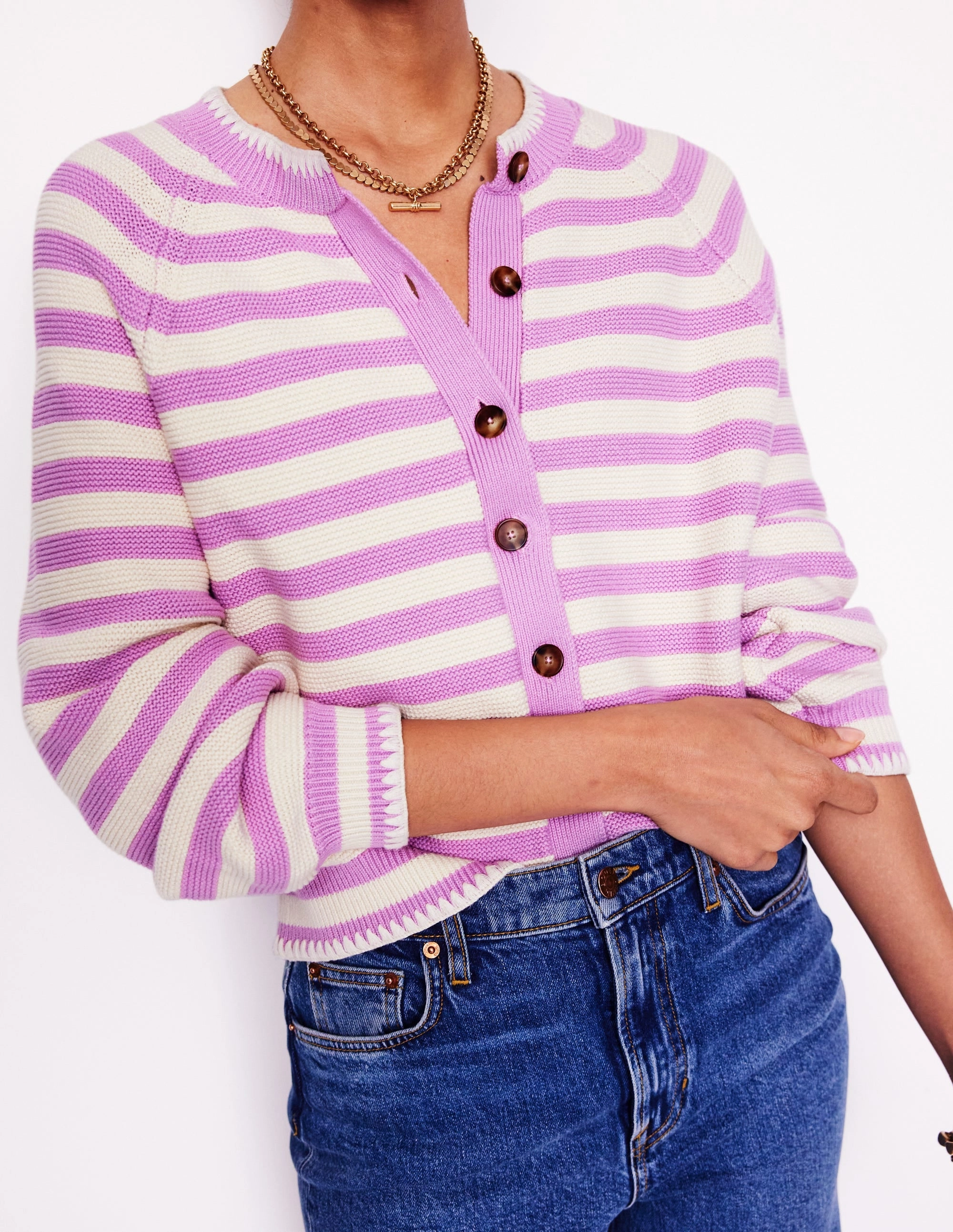 Recycled Fiber Blend NonRestrictive Cuff Design Lena Stitch Detail Cardigan-Soft Lavender and Ivory Stripe