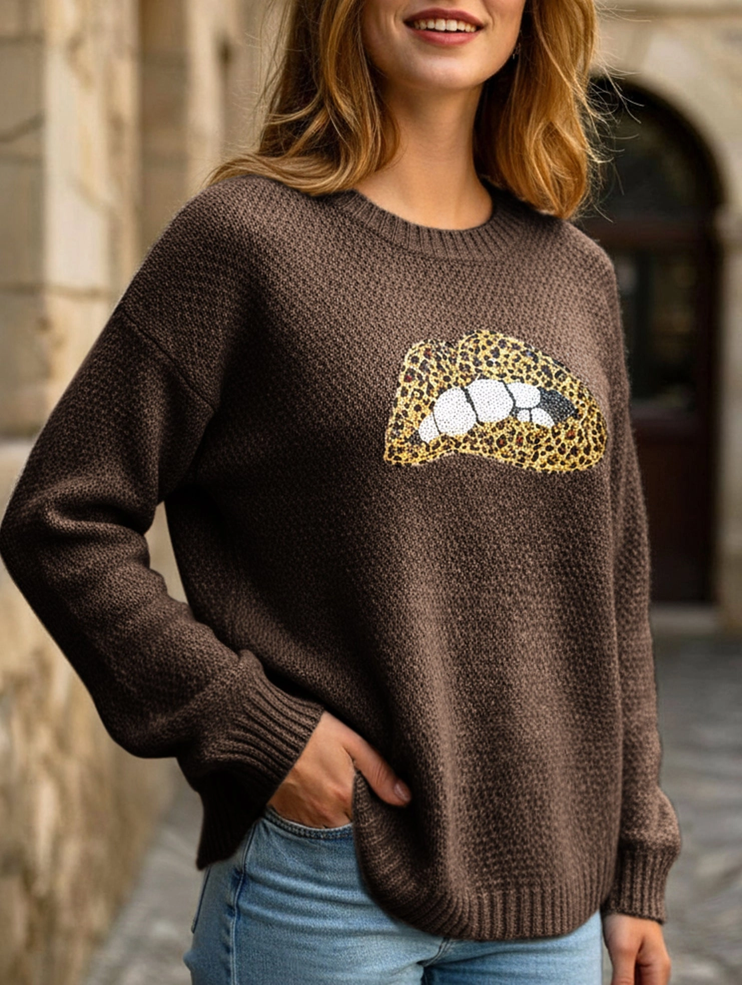 leopard embroidered sequined sweater Convertible Style