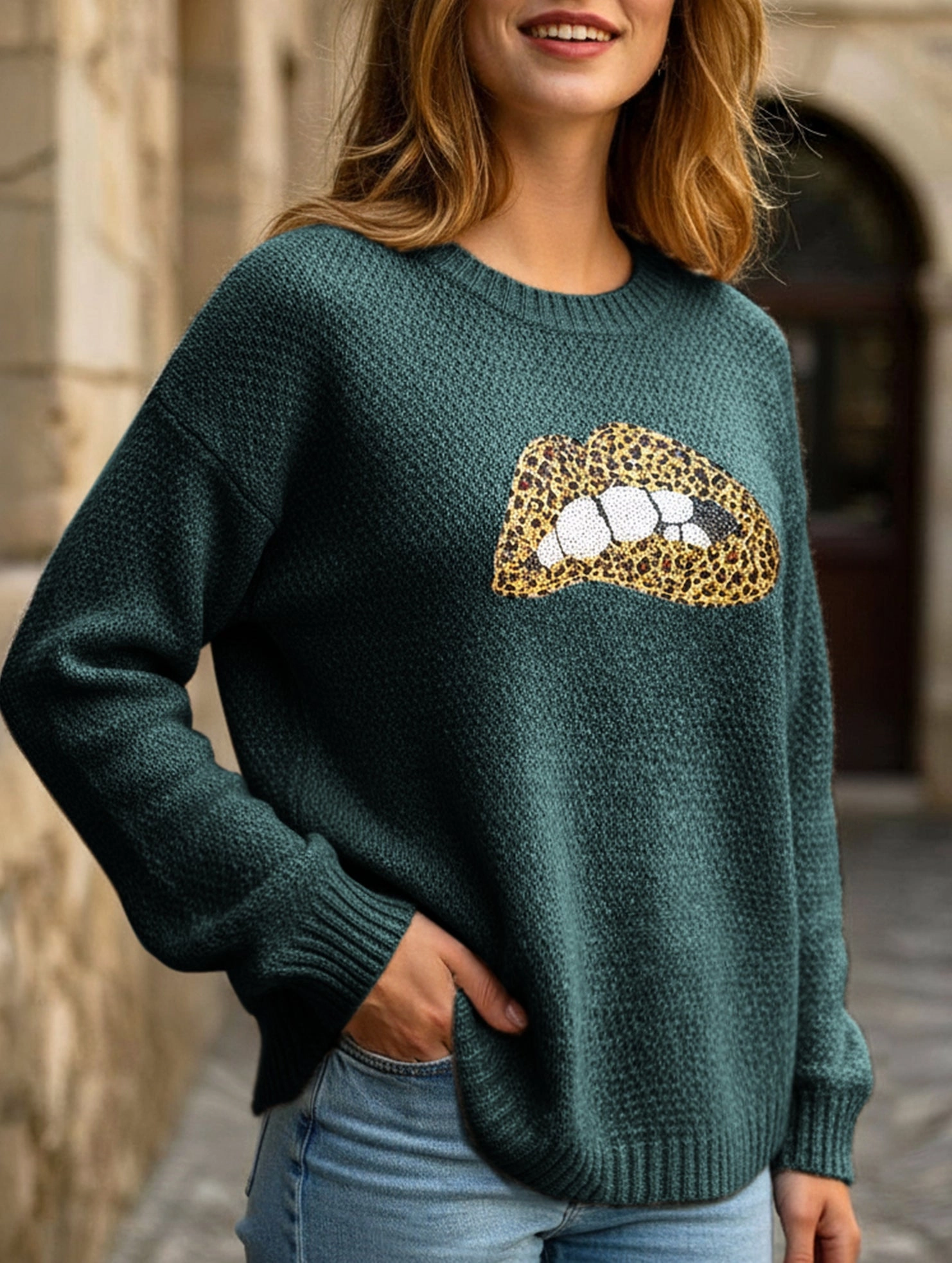 leopard embroidered sequined sweater Button Down Collar Low Profile Zipper Closure