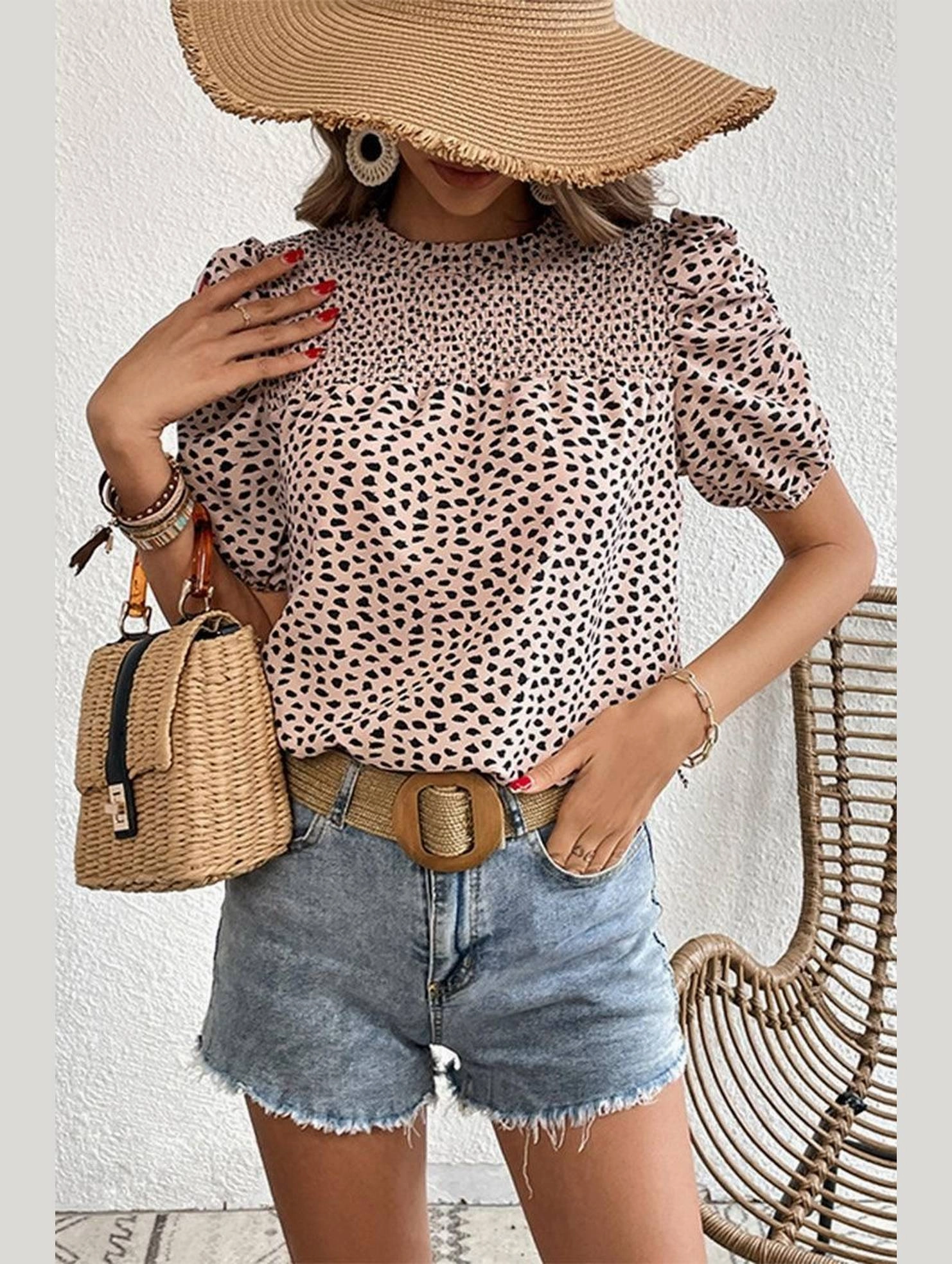 LEOPARD PRINTING SHORT PUFF SLEEVE WOMEN T SHIRT FlexibleCollarStructure LayeredNeckline