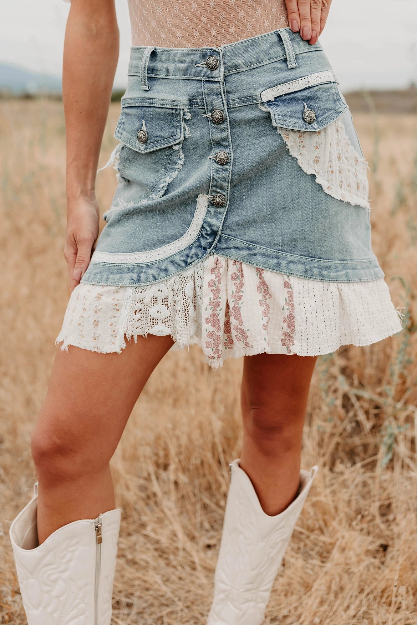 Warm Layer Let's Stick Together Patchwork Mini POL Skirt (Denim)