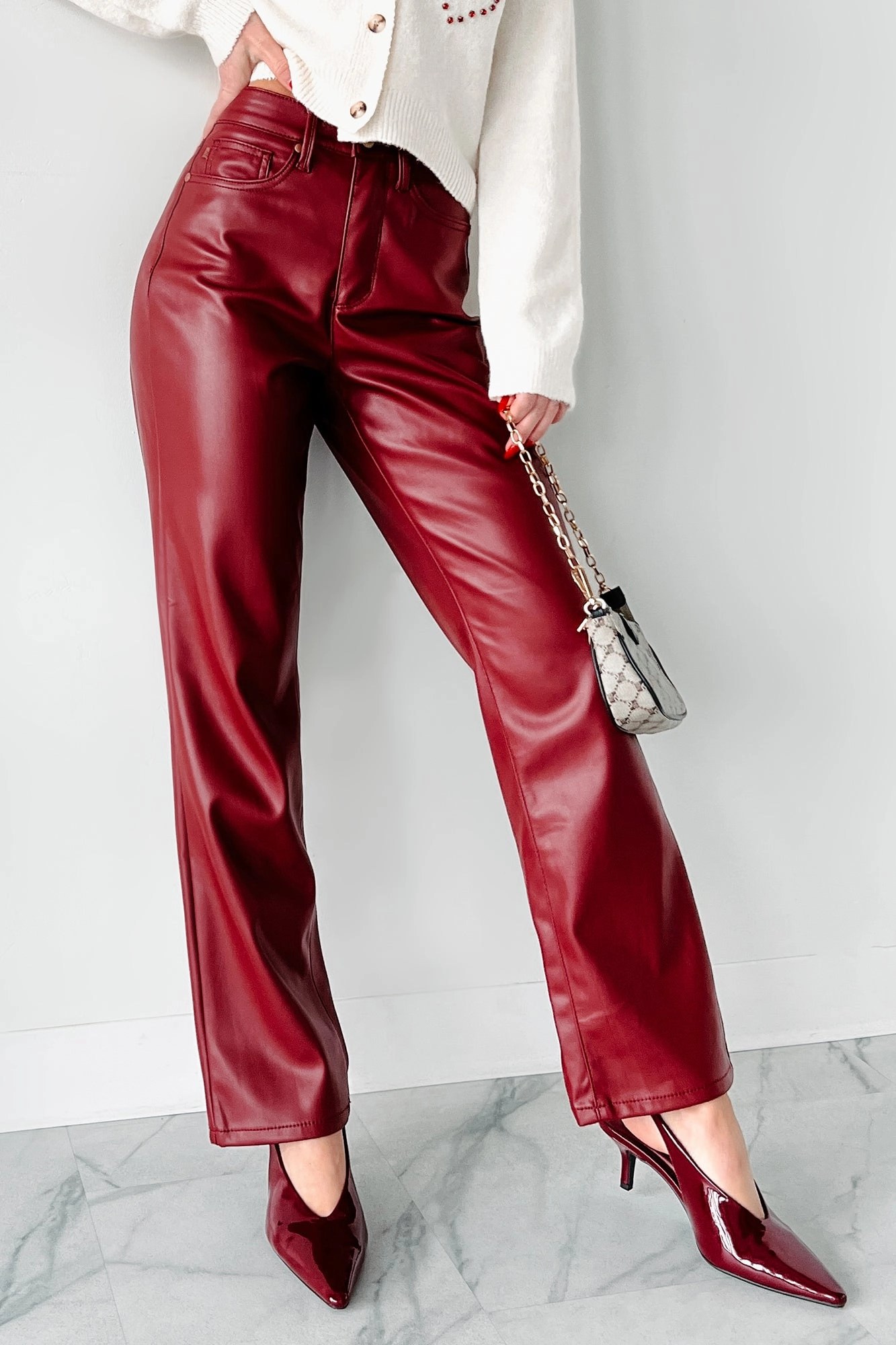 Lexly Judy Blue High Rise Tummy Control Faux Leather Pants (Red) Relaxed Look Performance Design Fit