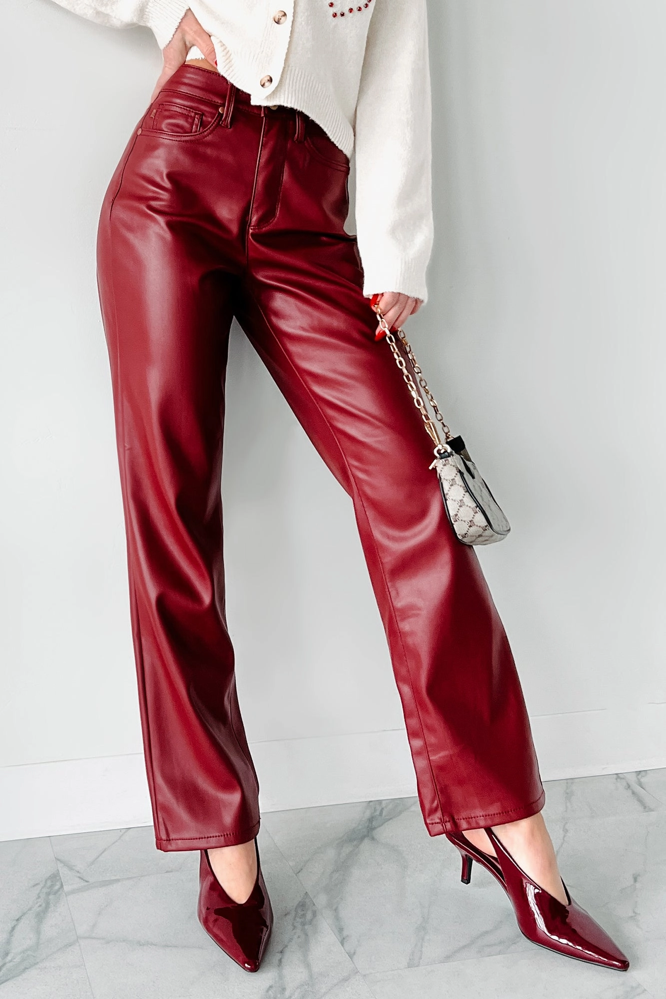 Compact Fit Trendy Appeal Lexly Judy Blue High Rise Tummy Control Faux Leather Pants (Red)