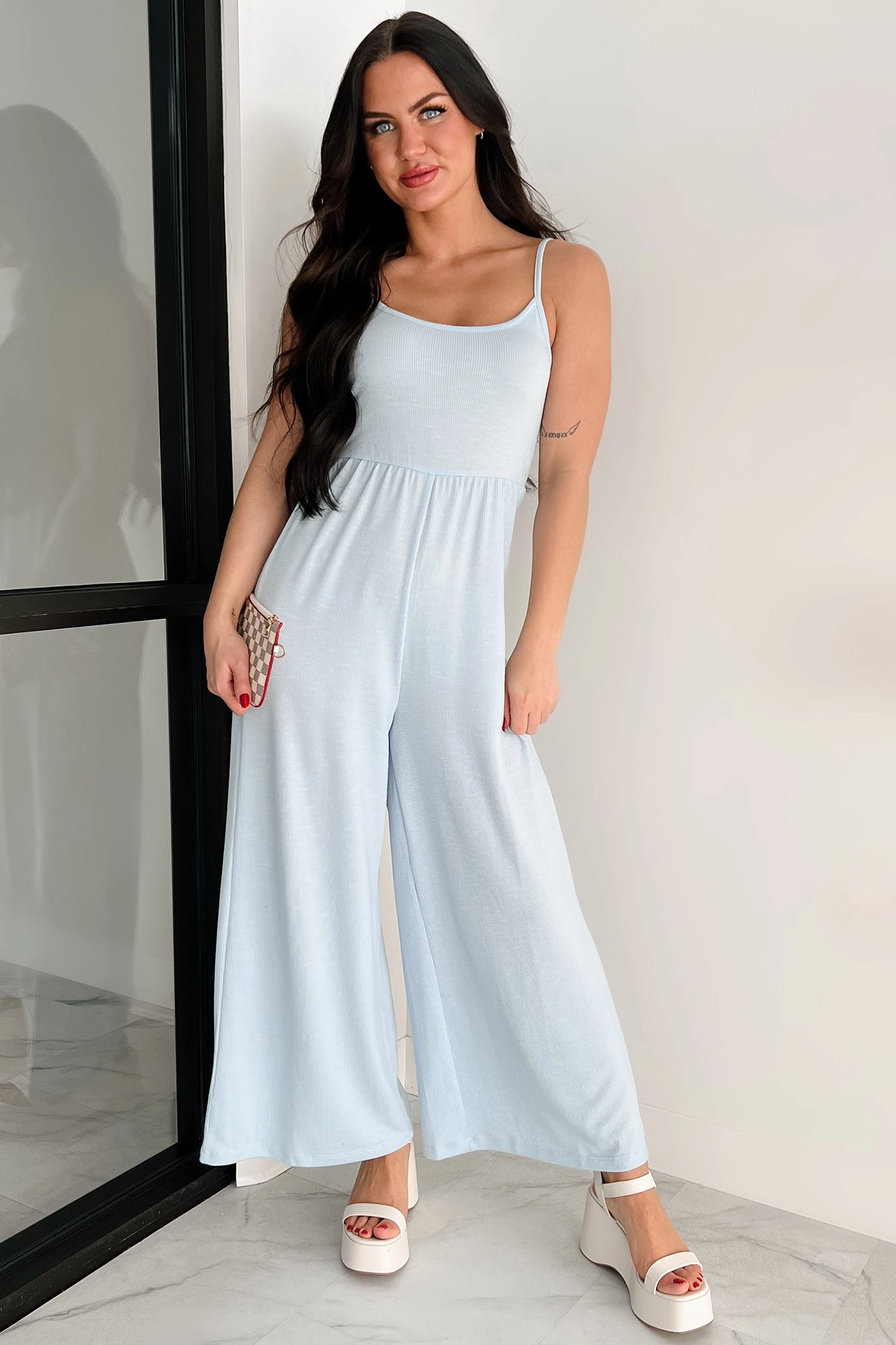 Light As Air Ribbed Wide Leg Jumpsuit (Ice Blue) Simple Fit All Daywear