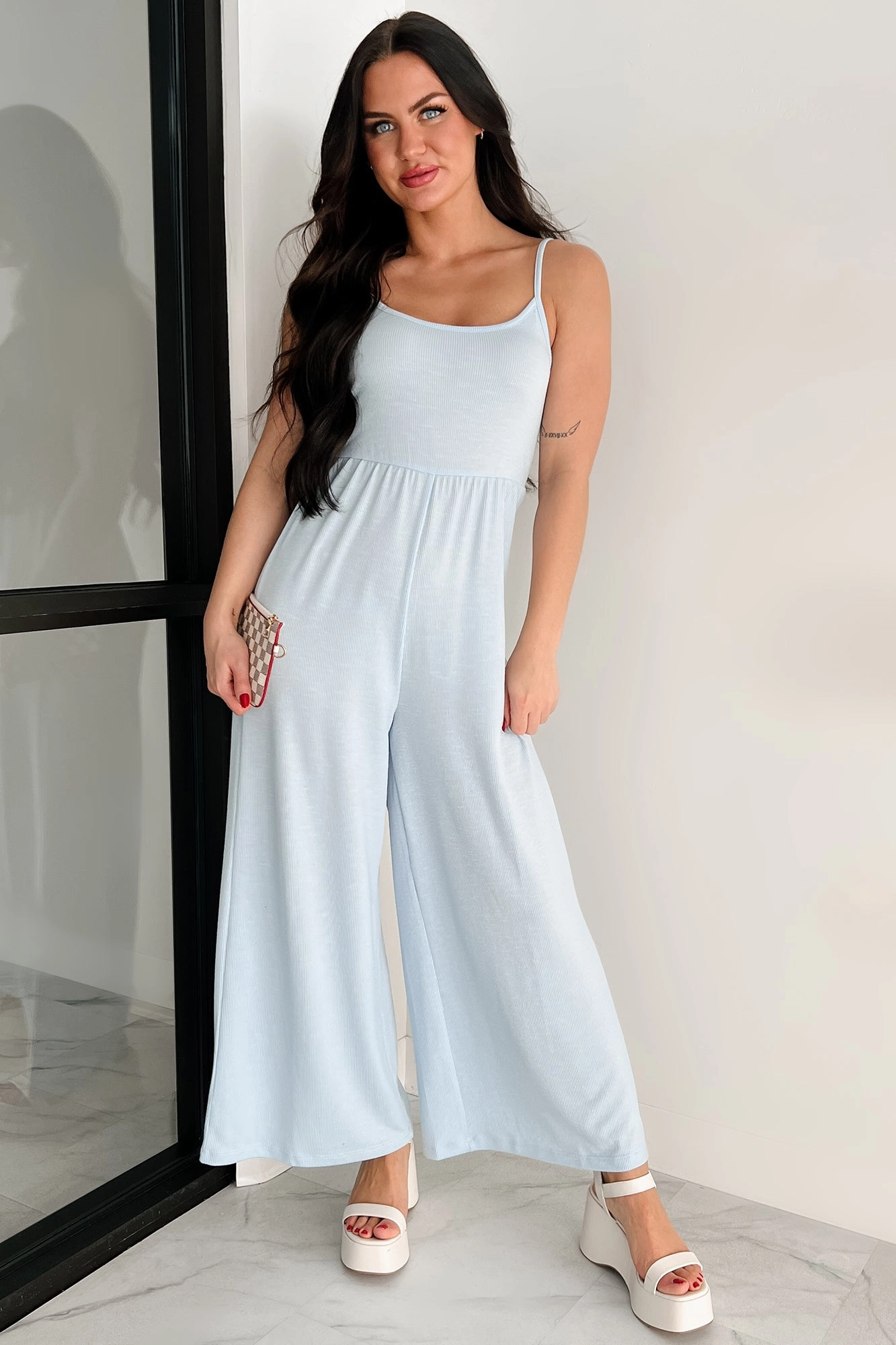 Understated Glam Light As Air Ribbed Wide Leg Jumpsuit (Ice Blue)