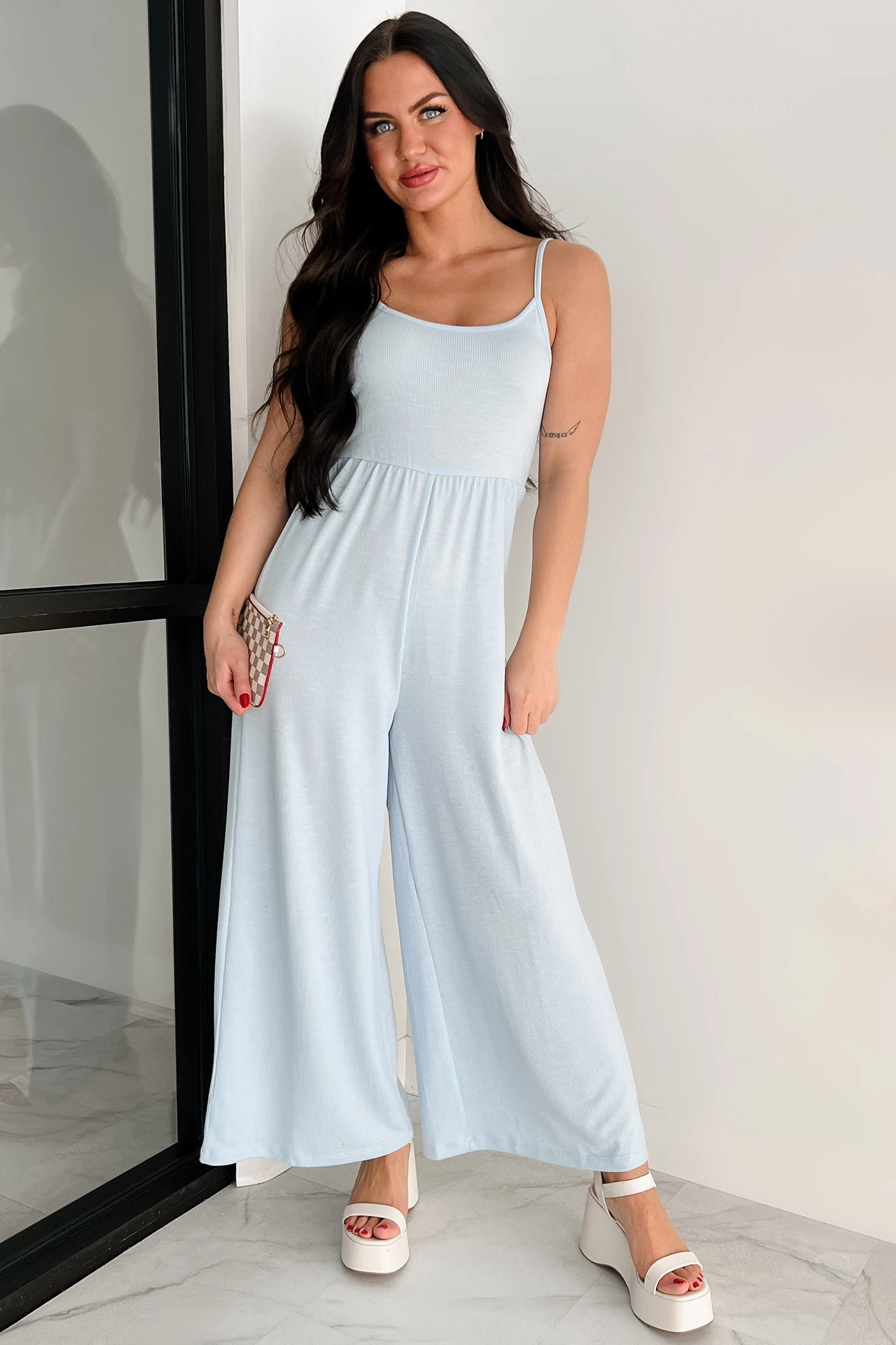 Light As Air Ribbed Wide Leg Jumpsuit (Ice Blue) Easy-Storage Date night