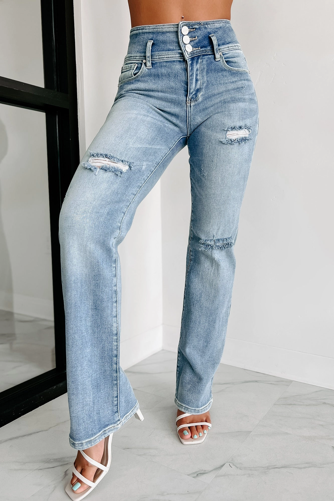 Forever Evolving High Rise Triple-Button Straight Leg Risen Jeans (Light) FadeResistant Coating
