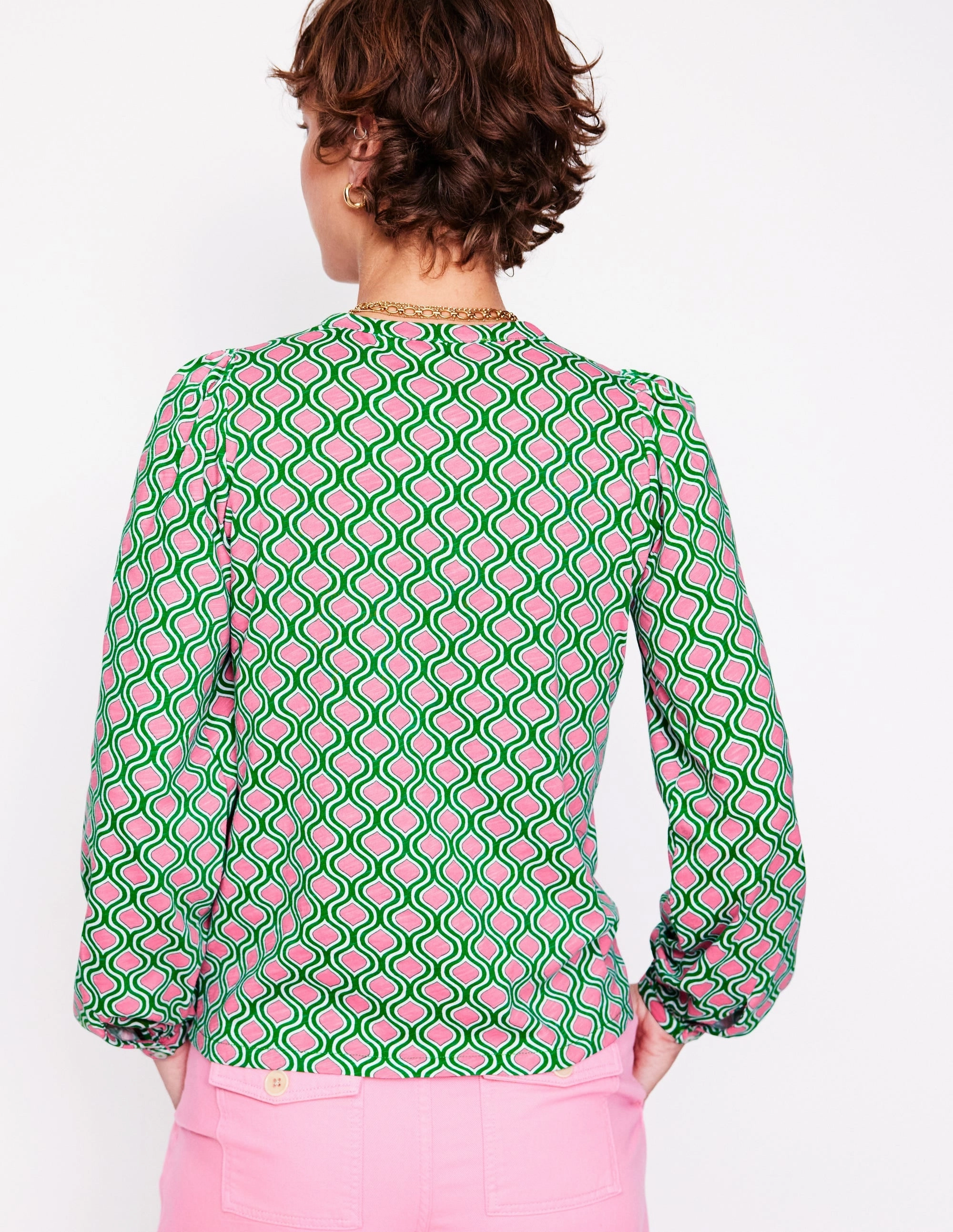 Marina Jersey Shirt-Rich Emerald, Geo Trellis Yarn Dye Stripe