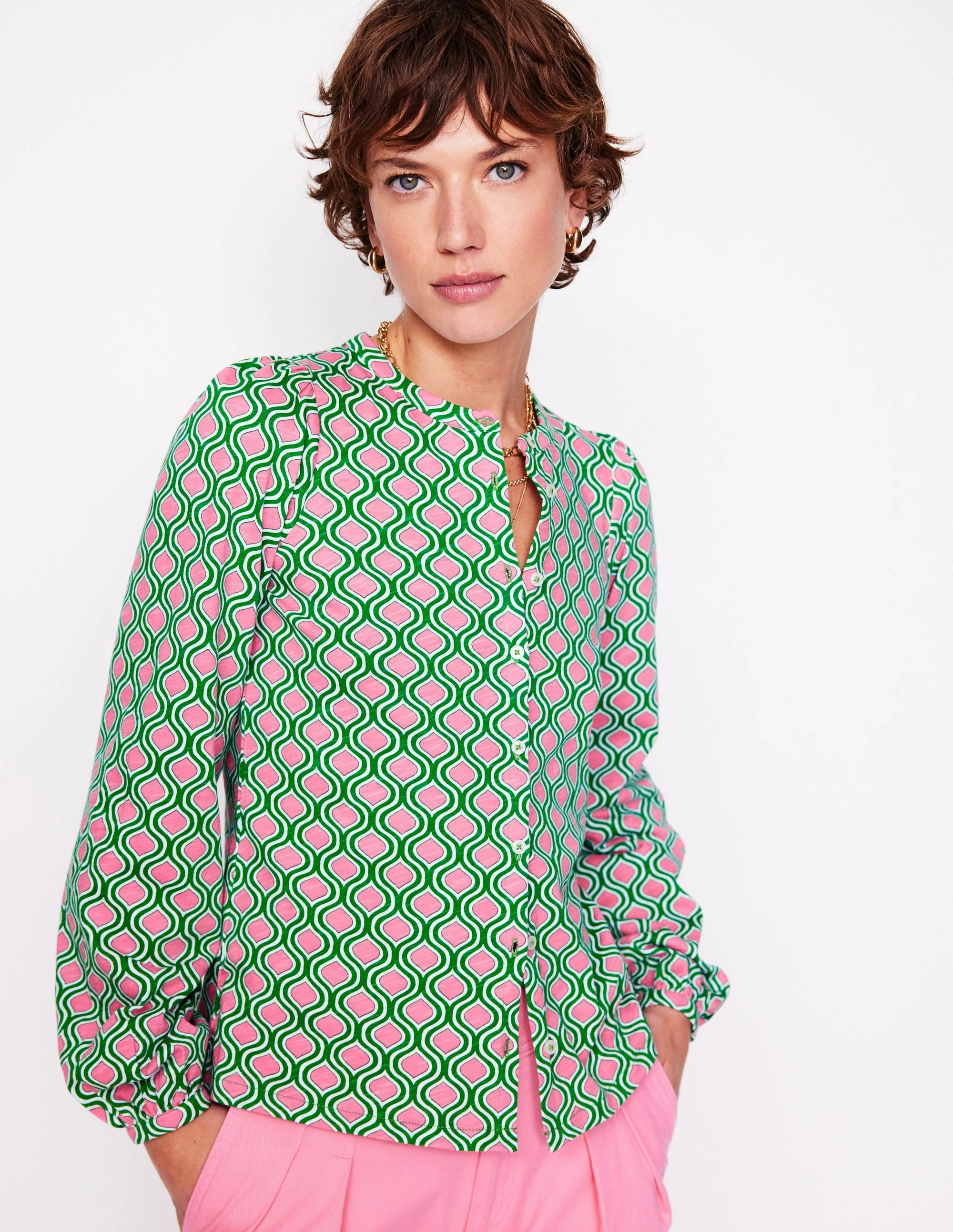 Temperature Control Fabric Easy to Wear Marina Jersey Shirt-Rich Emerald, Geo Trellis