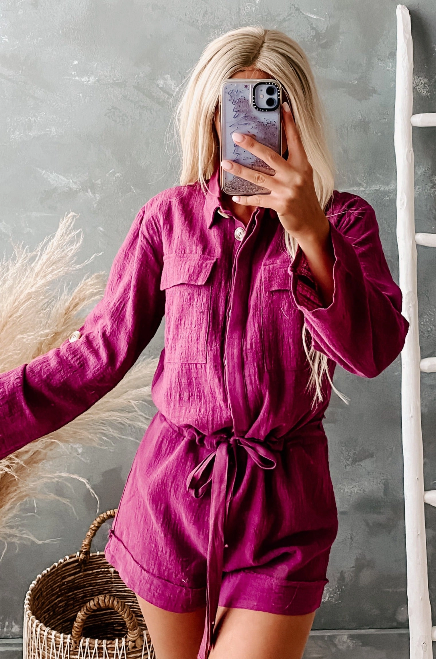 Garment Washed Finish Lighthearted Linen Romper (Berry)