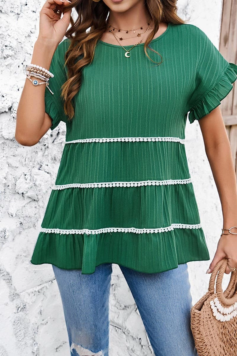 Drop Shoulder Design CASUAL LOOSE WAVE STRIP SHORT SLEEVED TOP_CWTSTS0322