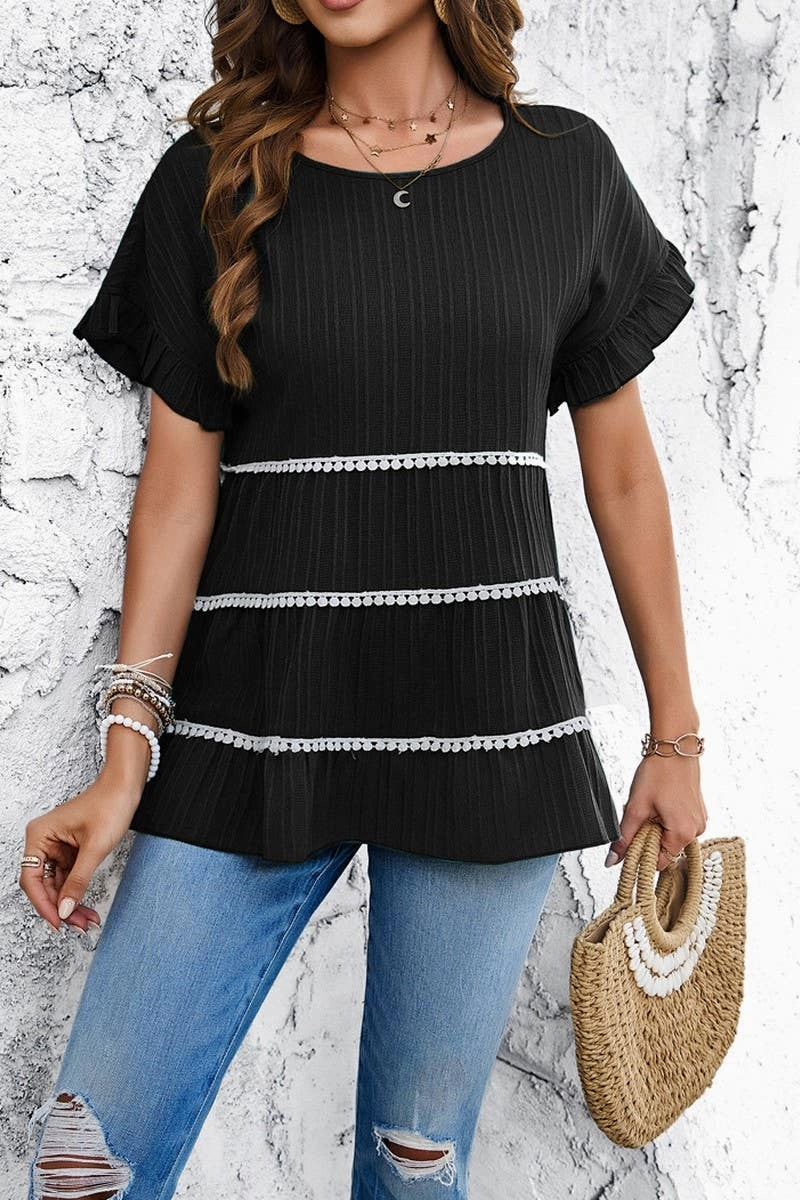 AntiStaticTreatment AbrasionResistant CASUAL LOOSE WAVE STRIP SHORT SLEEVED TOP_CWTSTS0322