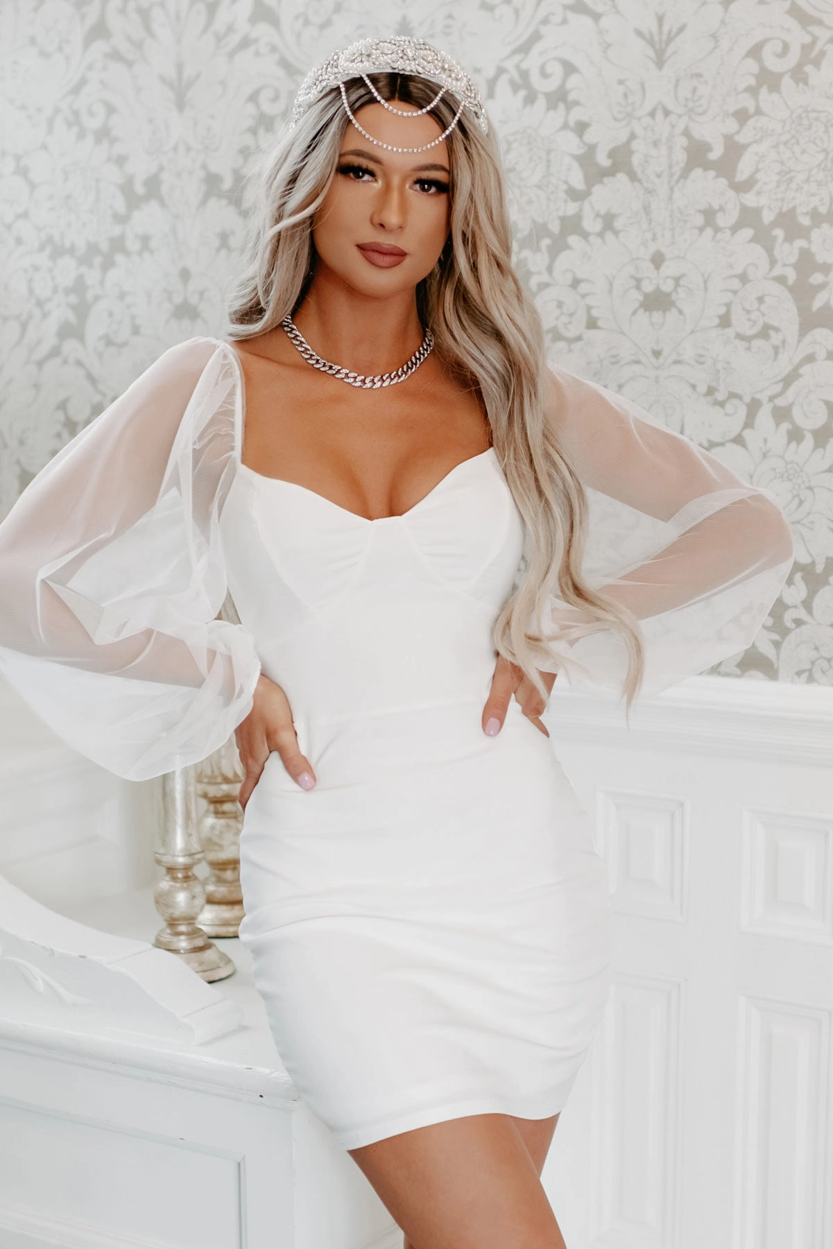 Feelings Of Forever Mesh Sleeve Bodycon Dress (Off White) Sweat Absorbent Inner Layer Comfy Cardigan