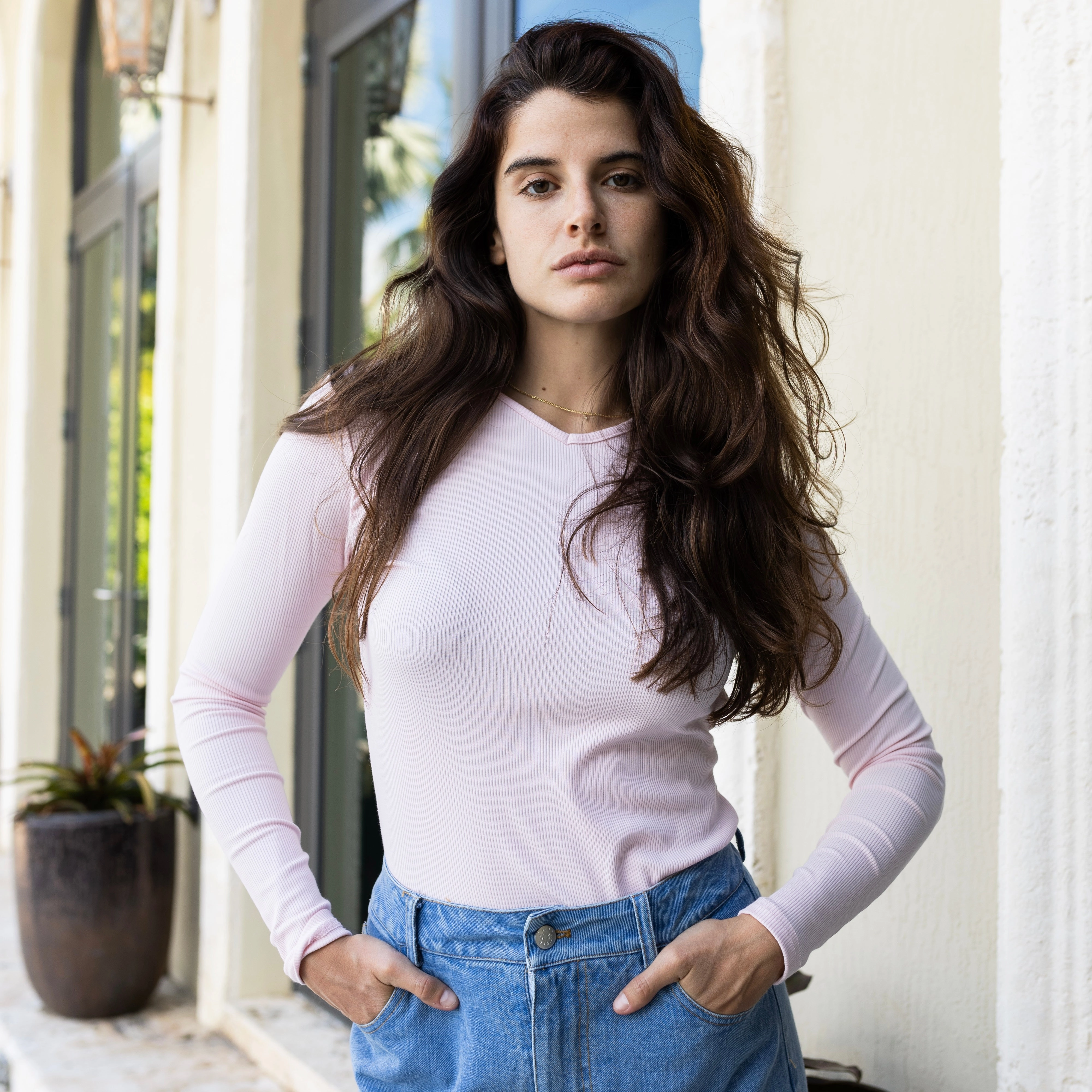 Reinforced Elbow Patches Recycled Fiber Blend Ribbed V-Neck Tee | Light Pink