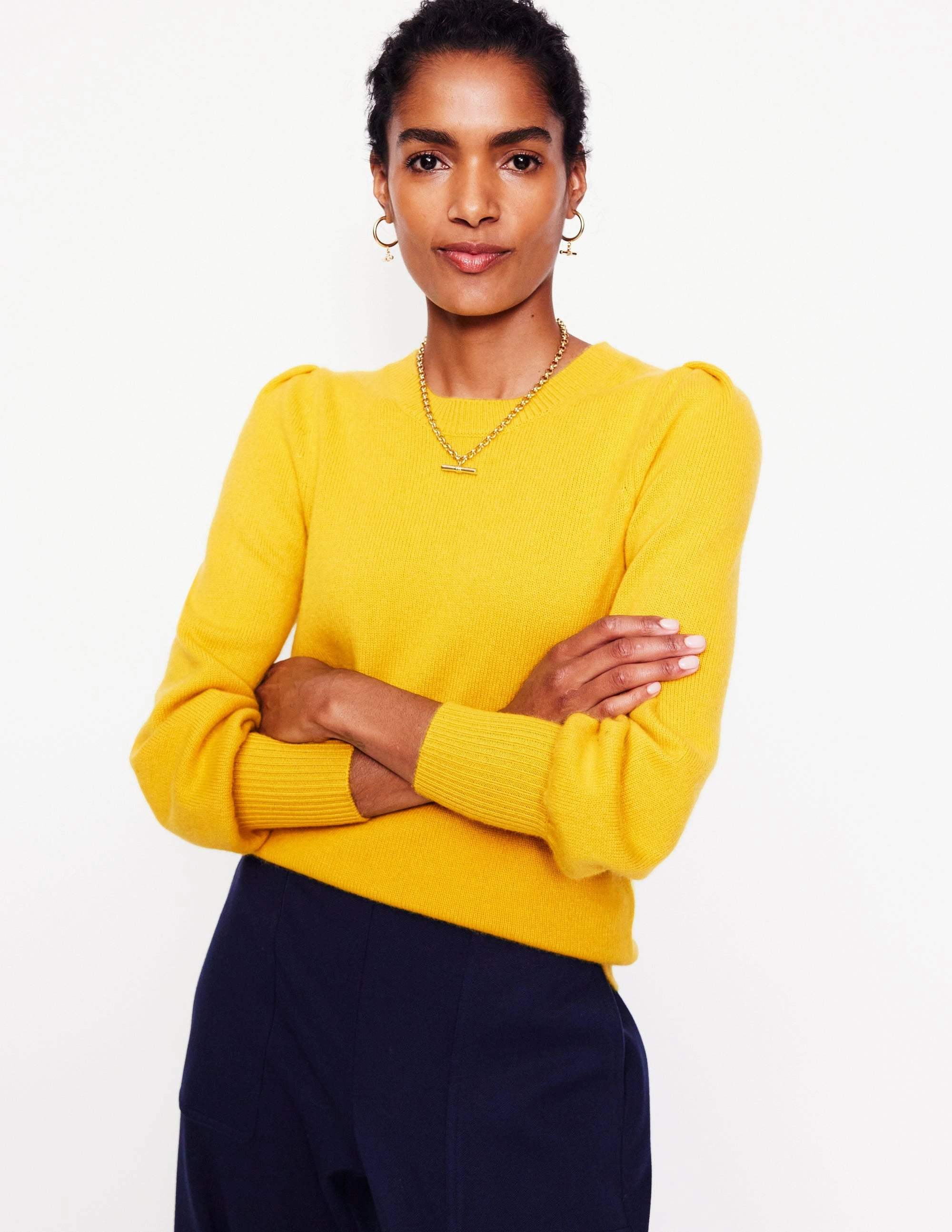 Pleated Sleeve Cashmere Jumper-Ceylon Yellow Shrink Resistant Treatment LowProfile Stitching