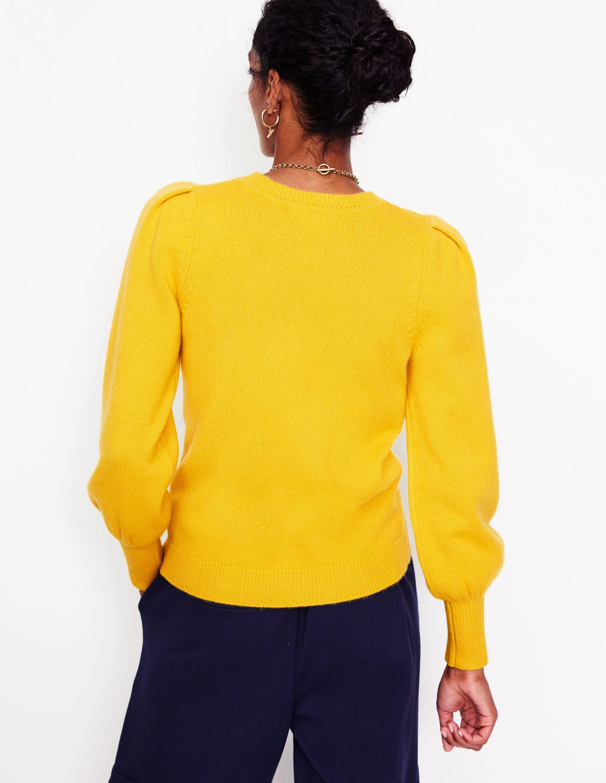 Pleated Sleeve Cashmere Jumper-Ceylon Yellow Everyday Pair Chunky Cable Knit