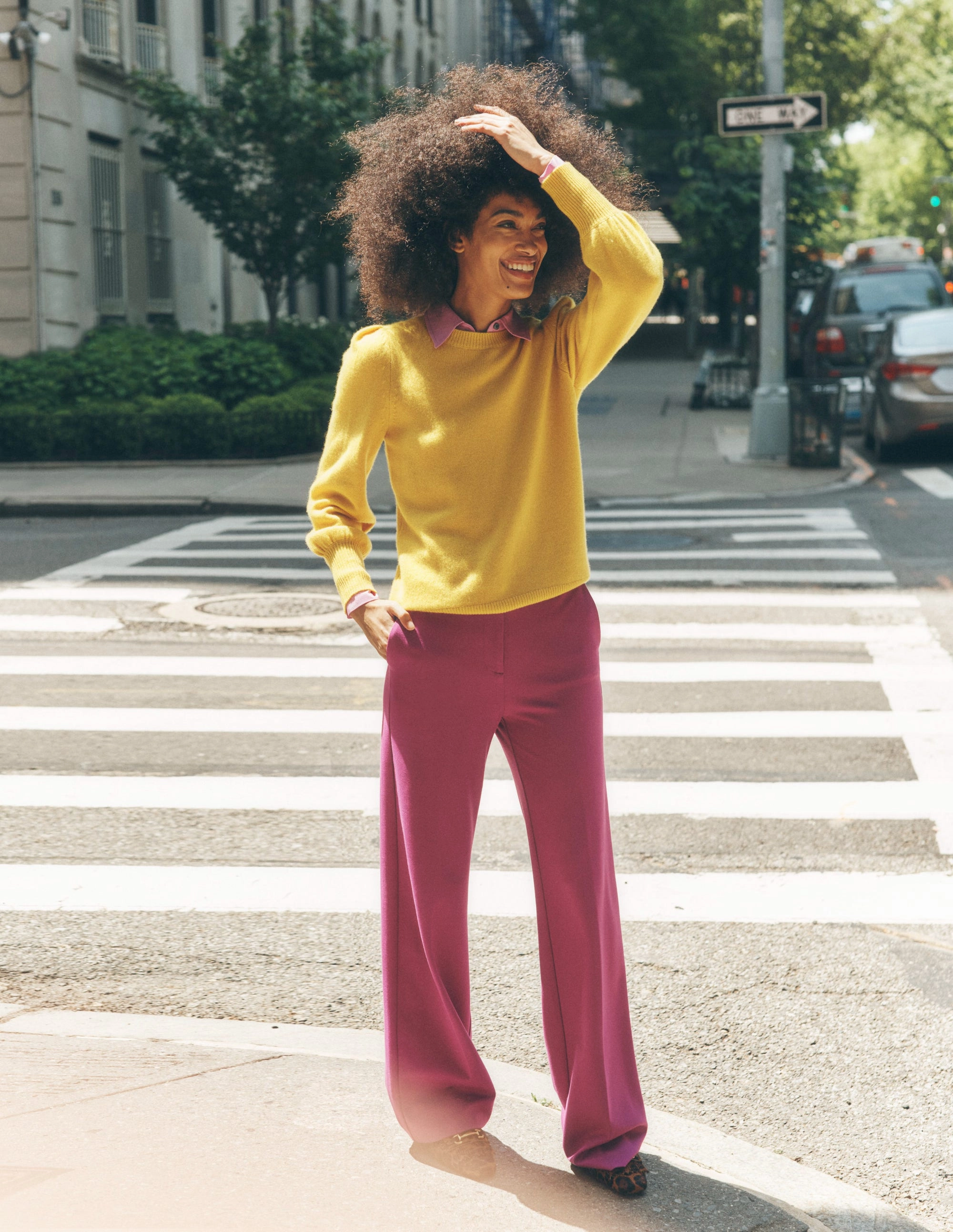 Pleated Sleeve Cashmere Jumper-Ceylon Yellow Reflective Yarn Accent