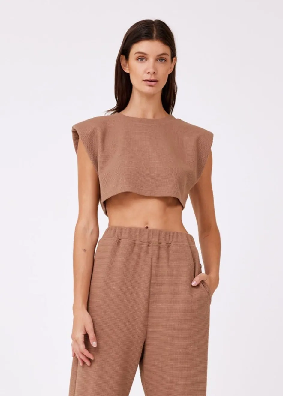 LINNEA WAFFLE KNIT CROPPED TOP Architectural Tailoring Reinforced Shoulder