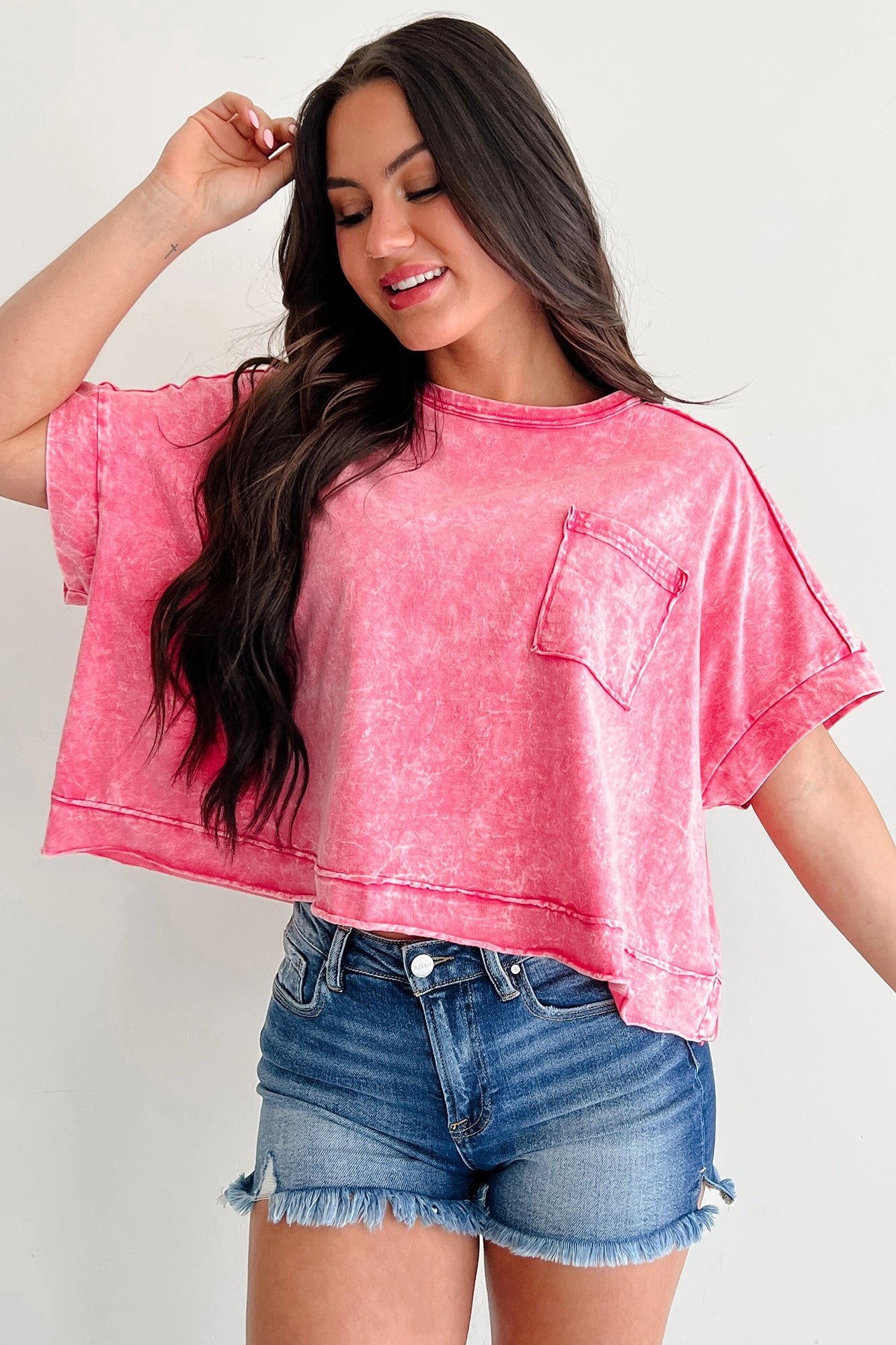 Lipstick & Lattes Short Sleeve Boxy Top (Fuchsia) Flexible Knit