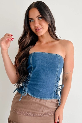 Lipstick & Lethal Strapless Lace-Up Top (Denim) Reinforced Shoulder Seams Compact Stitching