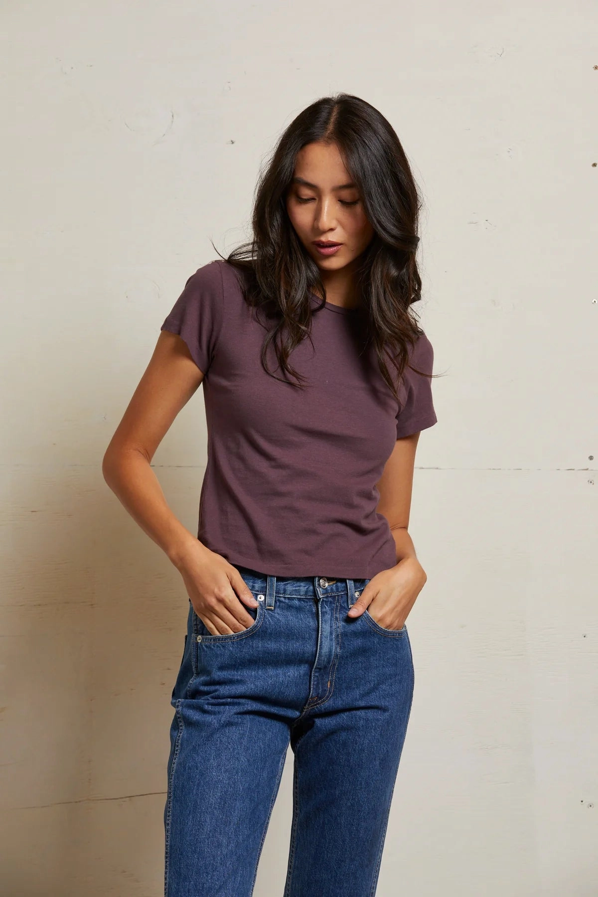 Lisa Recycled Cotton Tee Vintage Fitted Crew in Plum MultiPocketDesign