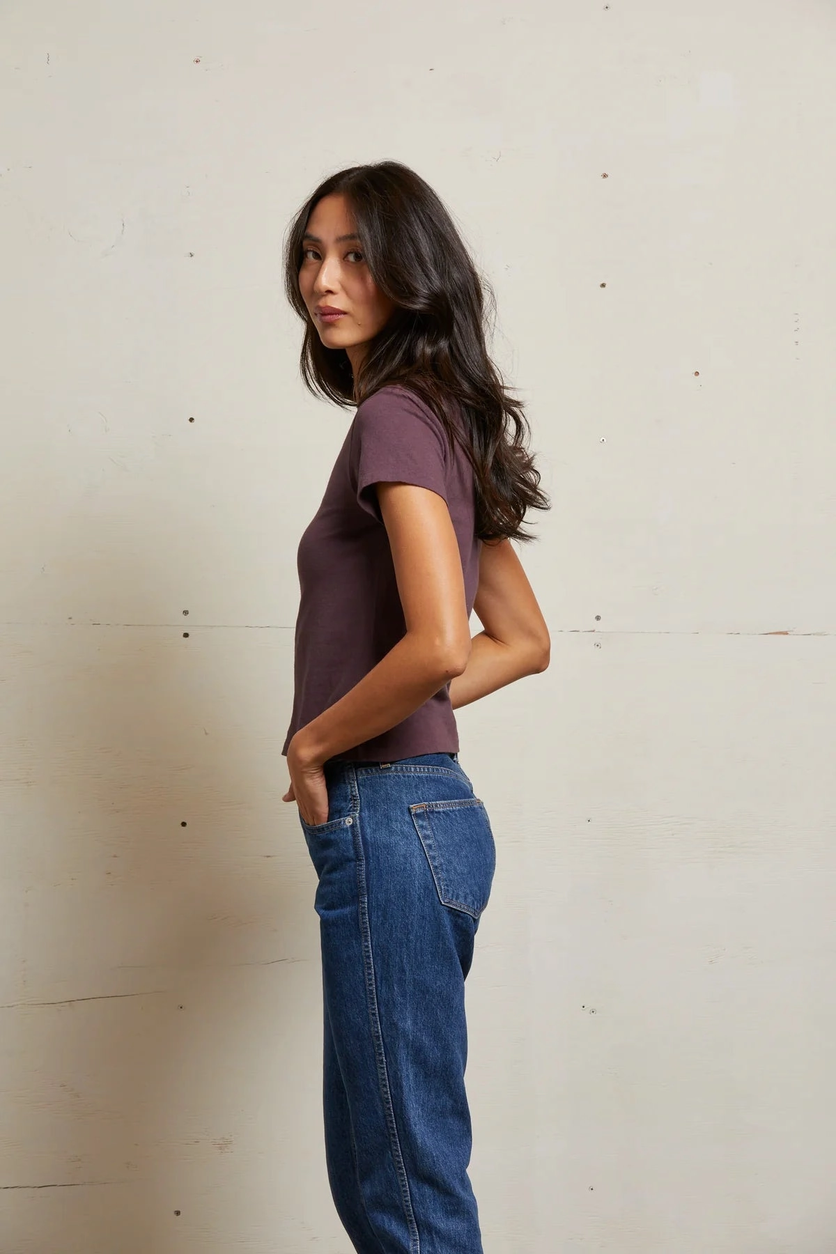 Lisa Recycled Cotton Tee Vintage Fitted Crew in Plum AdjustableHemCuffs ConvertibleSleeves