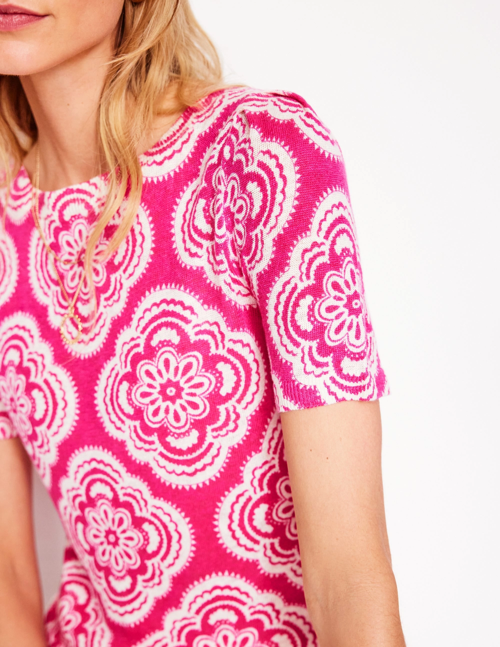 Liv Boat Neck Linen T-Shirt-Pink Peony, Botanic Blush Breathable Mesh Paneling Outdoor Ready