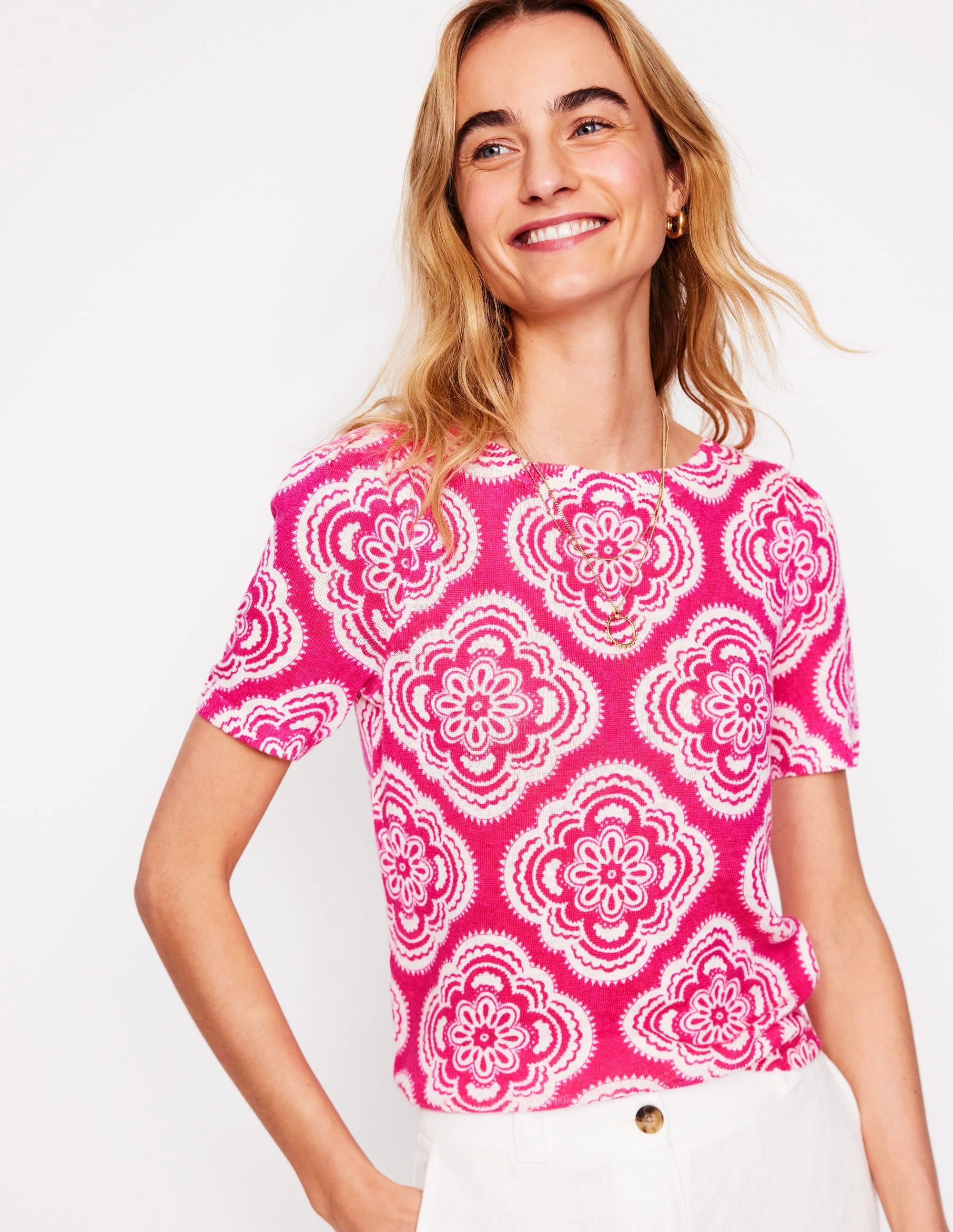 MoistureWicking Fabric Liv Boat Neck Linen T-Shirt-Pink Peony, Botanic Blush