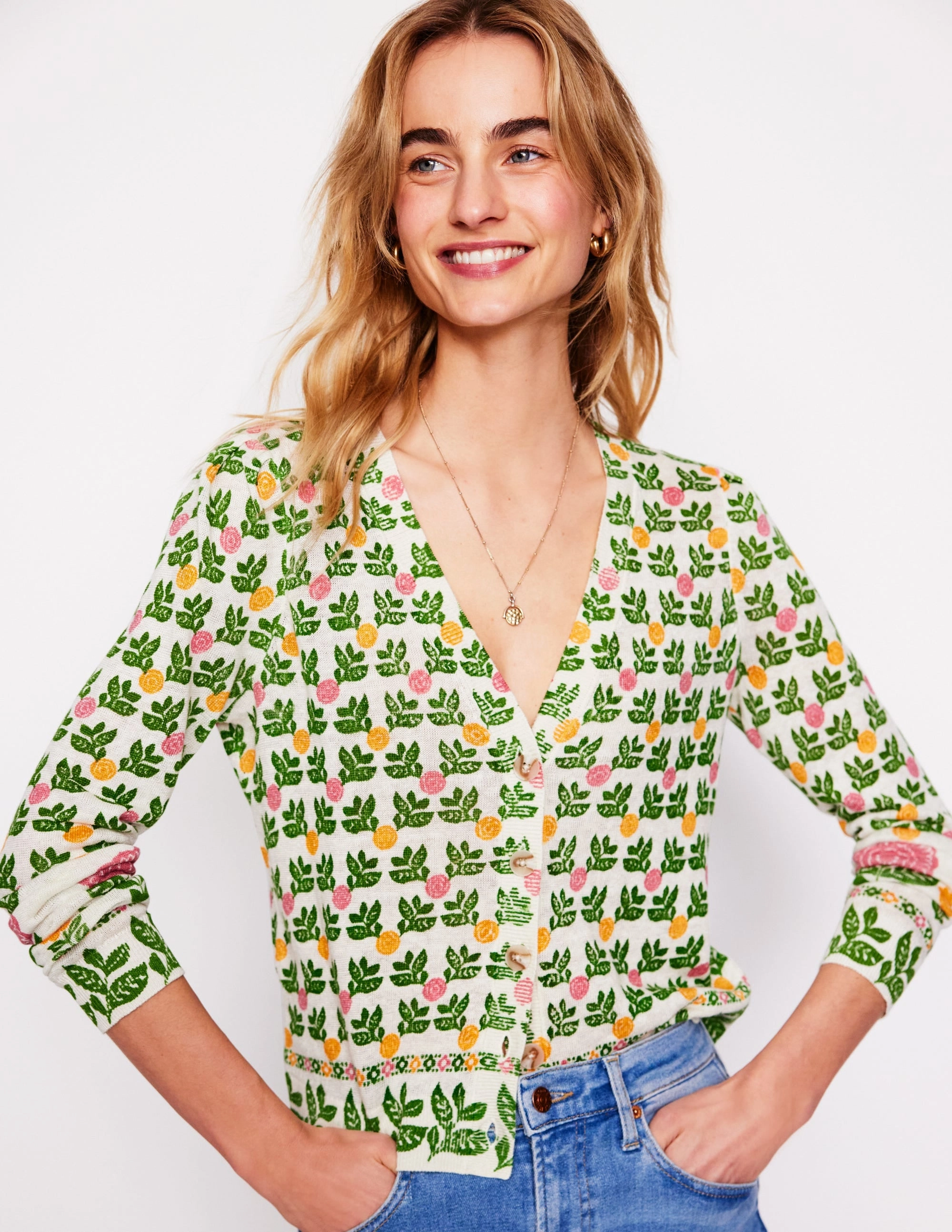 Fashion Favorite Street Comfort Liv V-Neck Linen Cardigan-Warm Ivory, Dahlia Garden