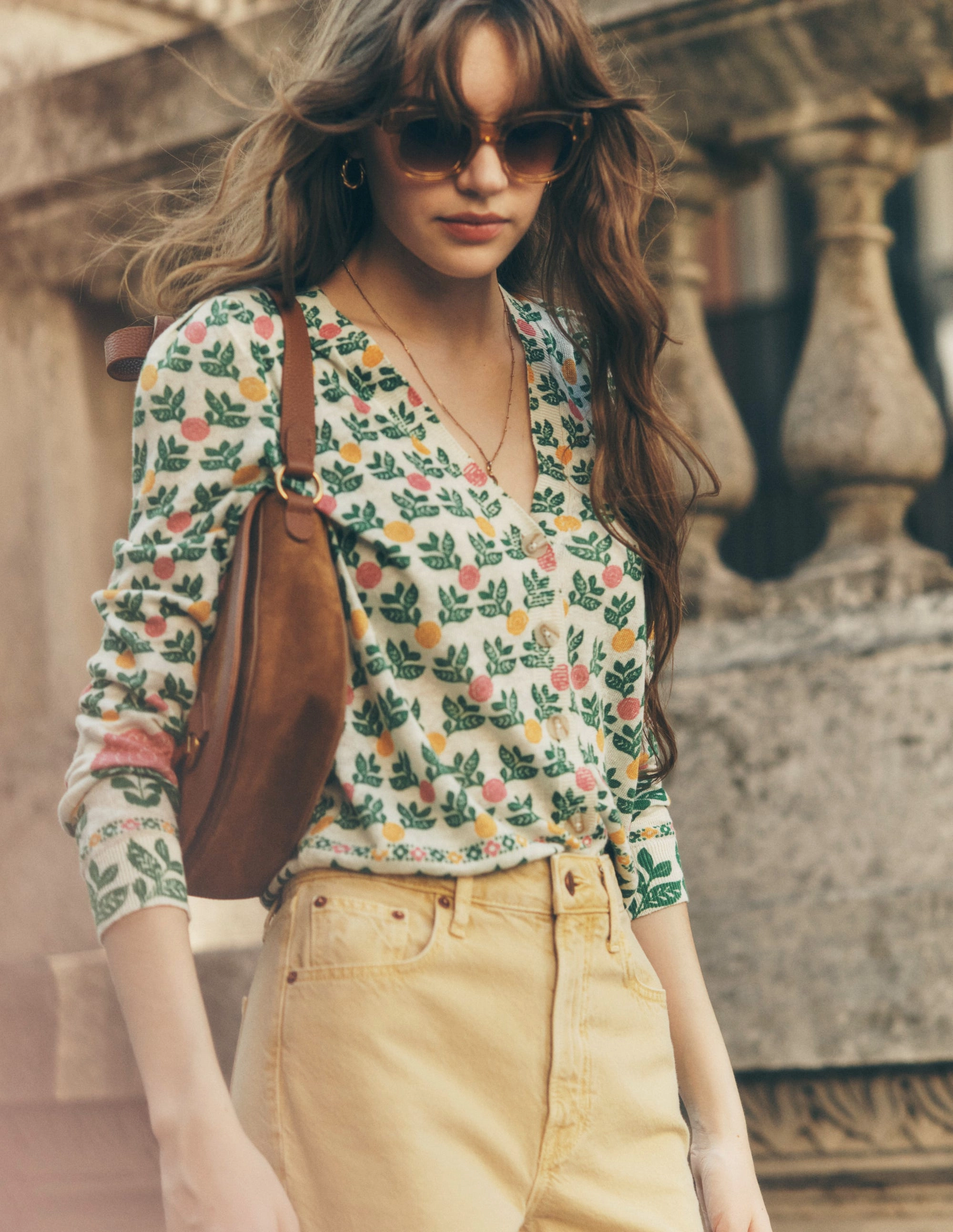 UVProtective Knit Density Liv V-Neck Linen Cardigan-Warm Ivory, Dahlia Garden