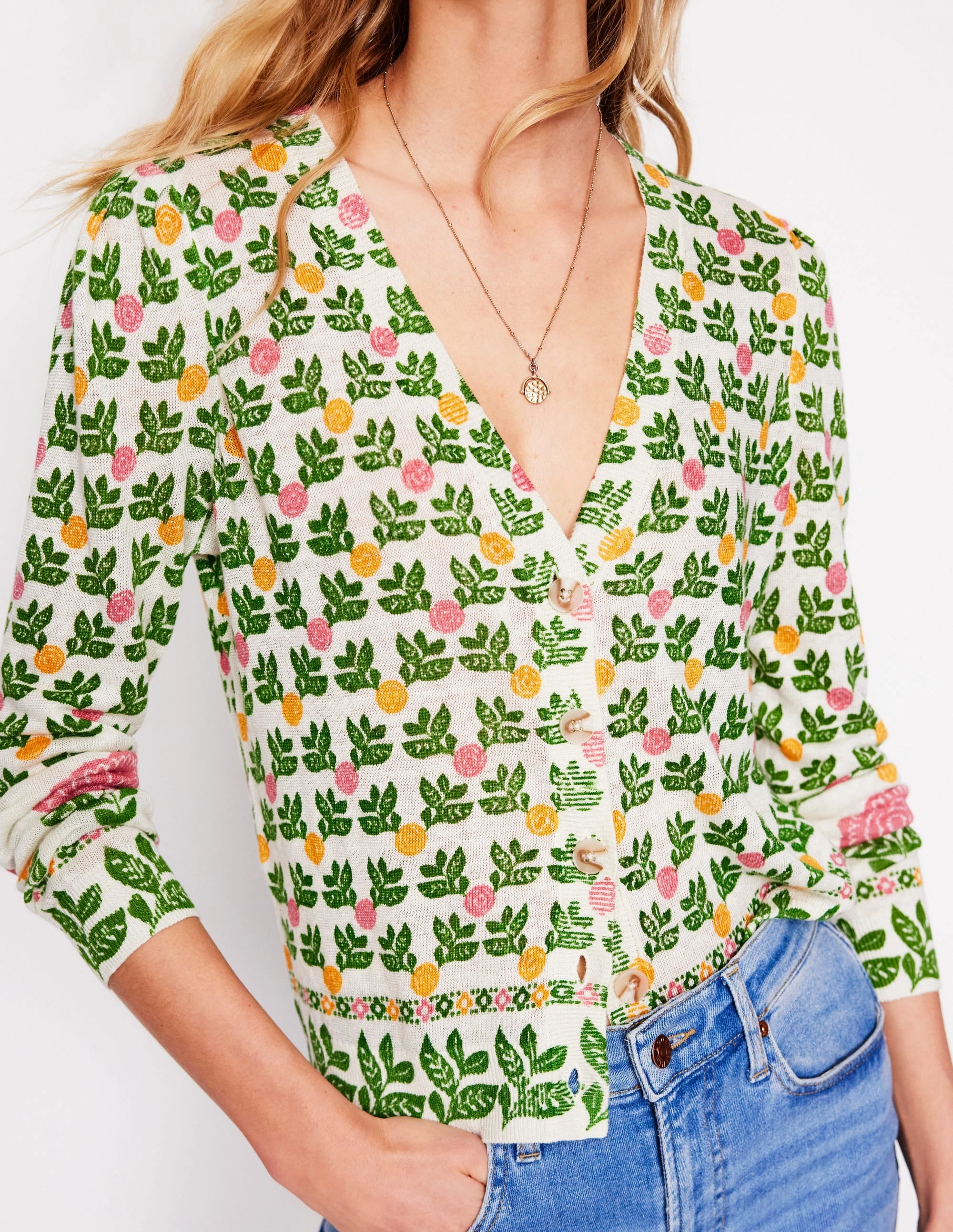 Liv V-Neck Linen Cardigan-Warm Ivory, Dahlia Garden BreathableKnit Fabric