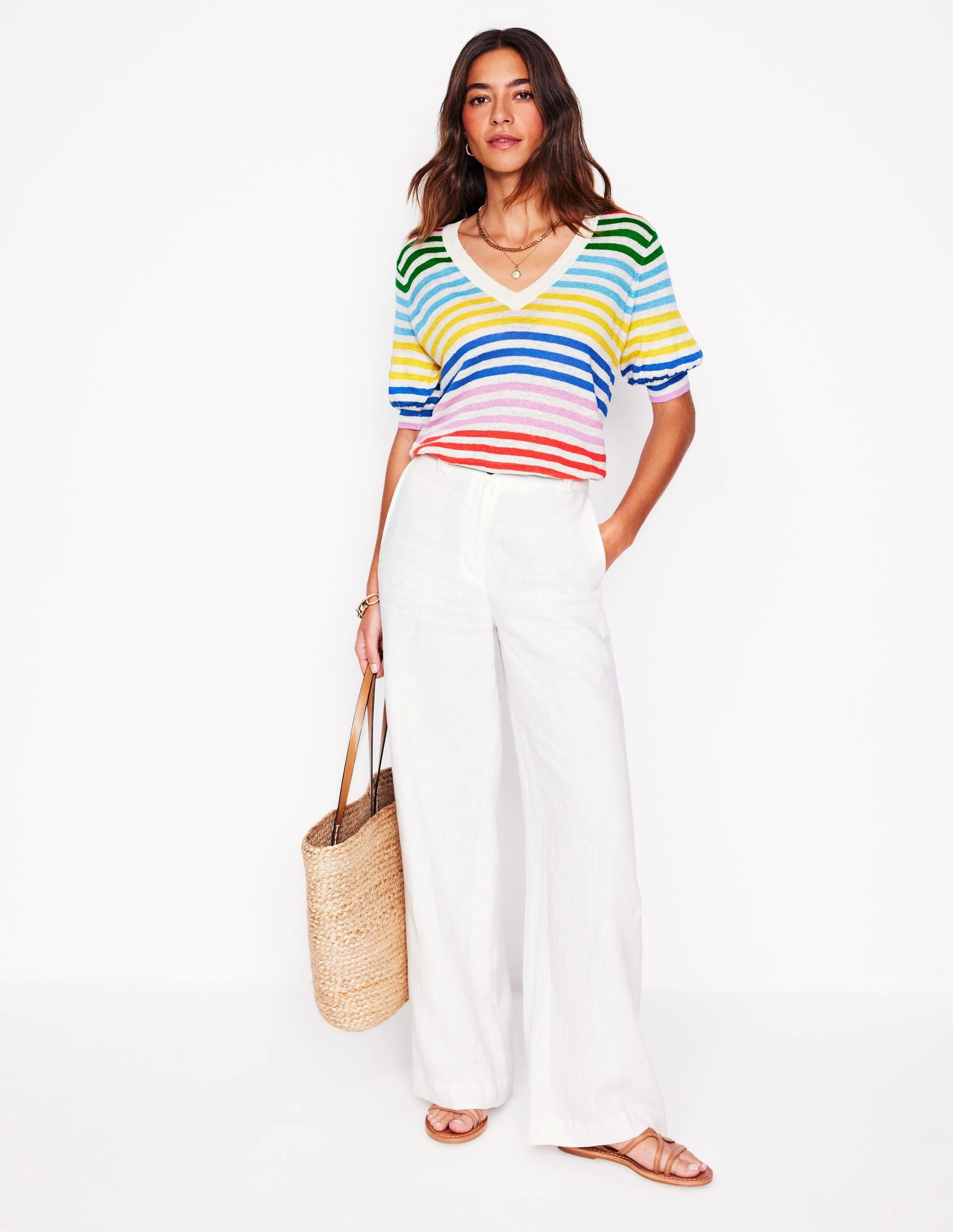 Clean Lines Liv V-Neck Linen T-Shirt-Banded Rainbow Stripe
