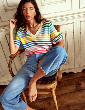 Waffle Knit Texture Modern Touch Liv V-Neck Linen T-Shirt-Banded Rainbow Stripe