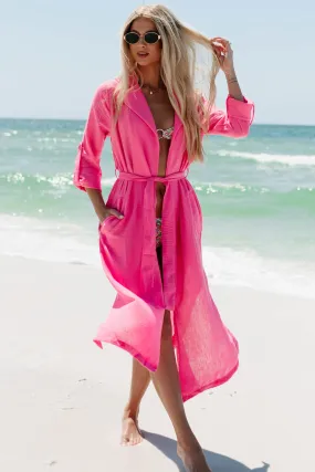 Live Colorfully Tie-Waist Linen Trench Coat (Hot Pink) Odor Resistant Finish shearling