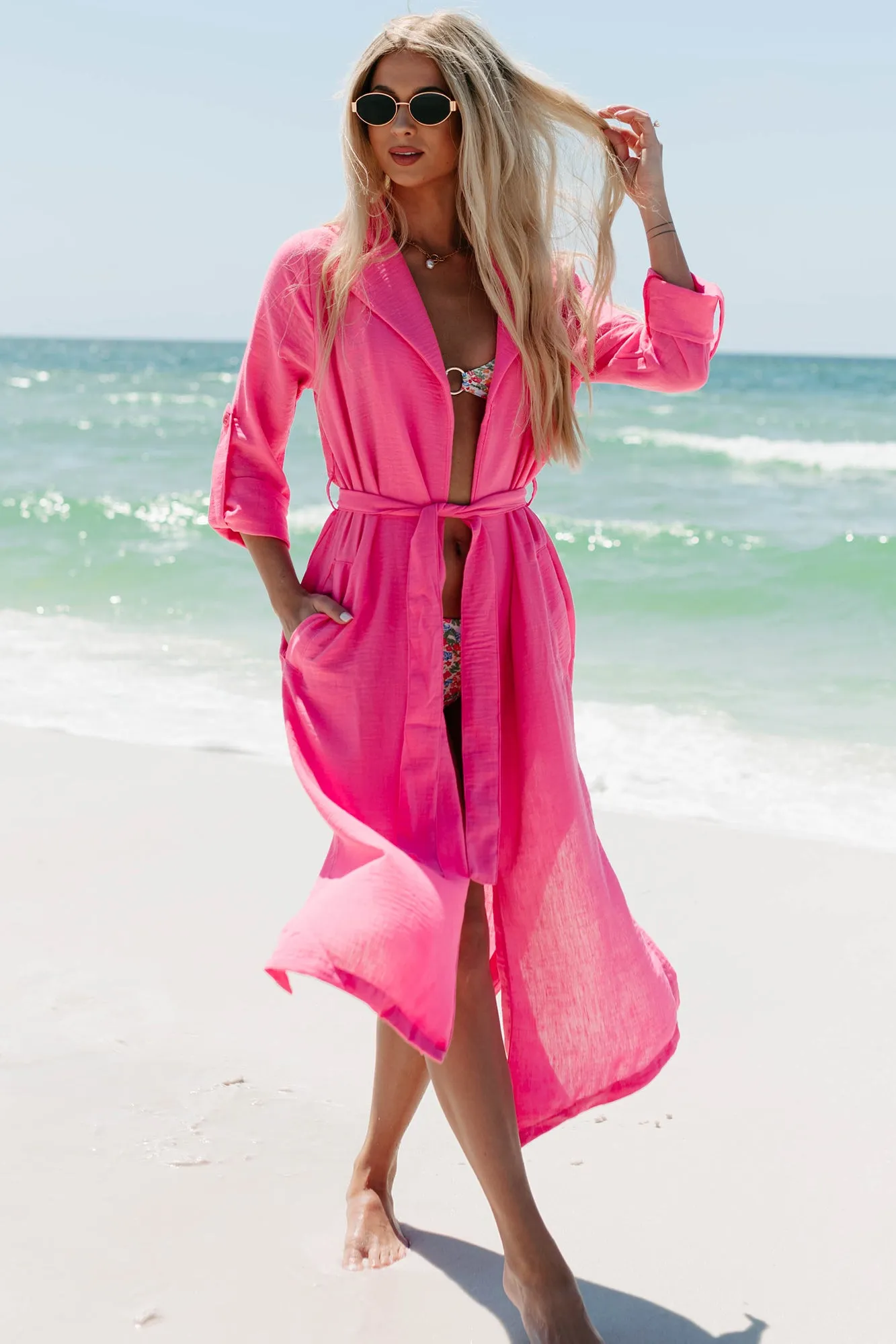 Live Colorfully Tie-Waist Linen Trench Coat (Hot Pink) Odor Resistant Finish shearling