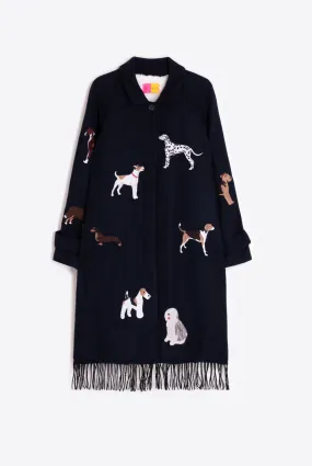 Berenice Embroidered Coat in Navy Blue Fringes LoopwheelFabric