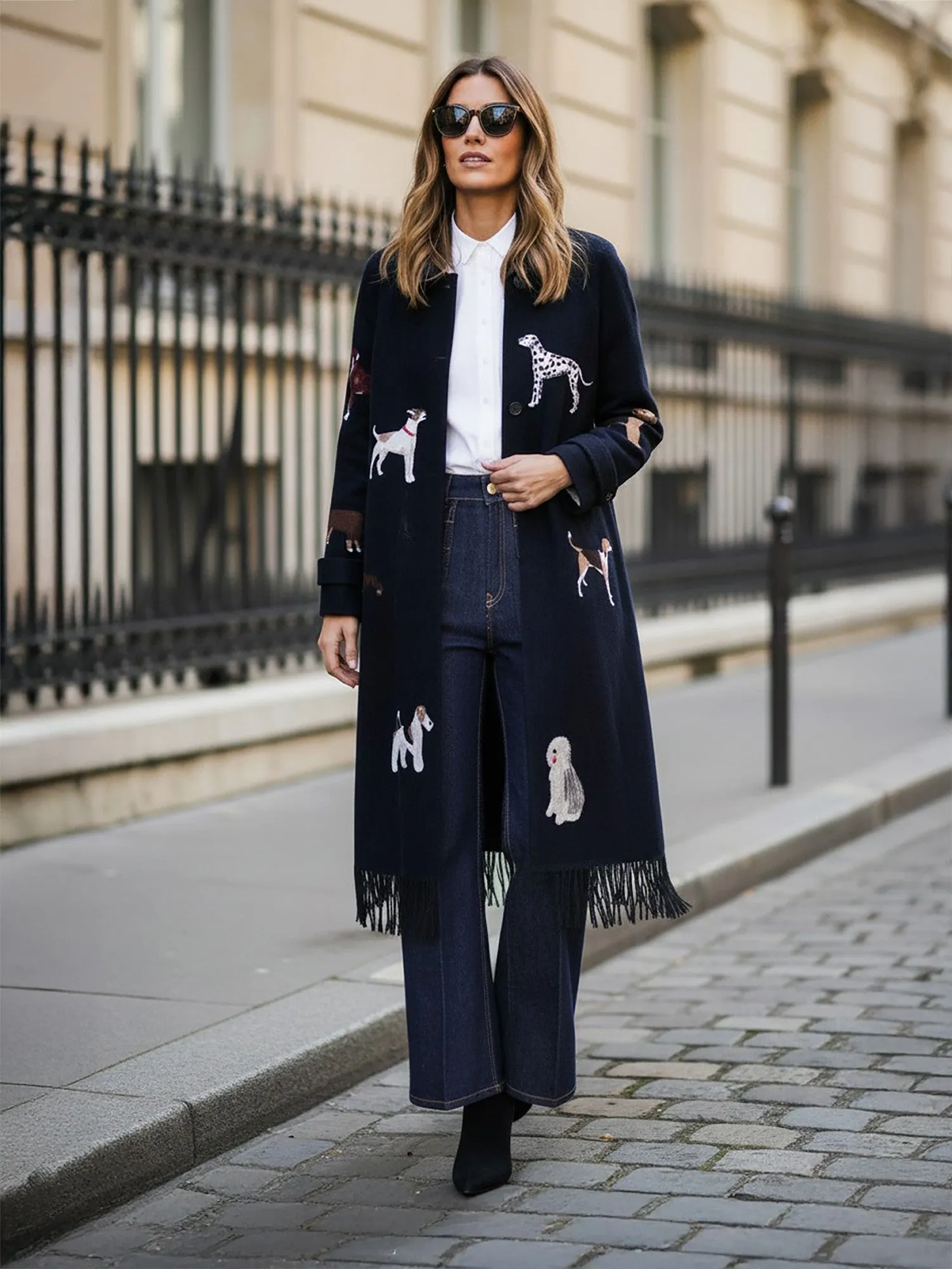 DoubleStitched Berenice Embroidered Coat in Navy Blue Fringes