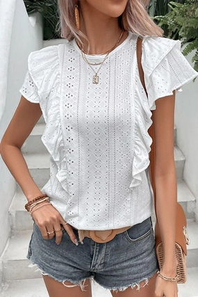 Lightweight Weave Material GarmentDyed RUFFLED SLEEVE PUNCHING LACE CREW NECK TEE