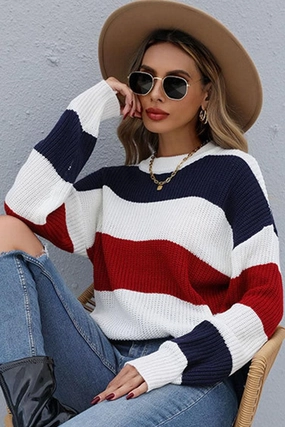 LONG SLEEVE BIG STRIPE ROUND NECK SWEATER Ventilated Side Panels Printed Blouse