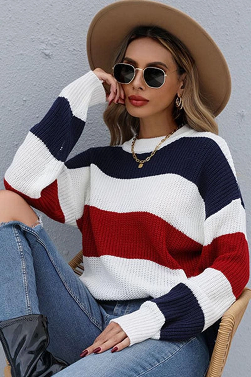 LONG SLEEVE BIG STRIPE ROUND NECK SWEATER Silicone Print Detail