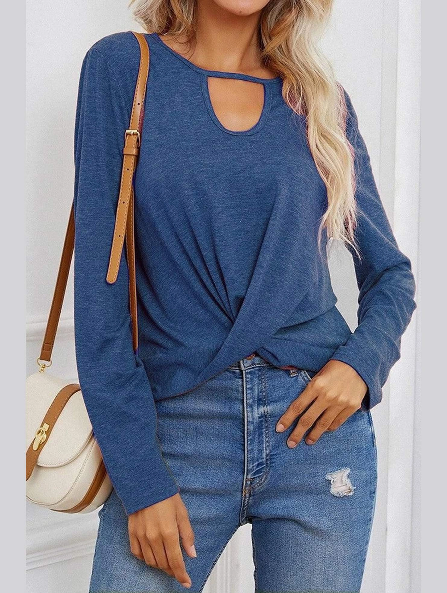 Light material Long Sleeve Key Hole Neck Twisted Hem Casual Top