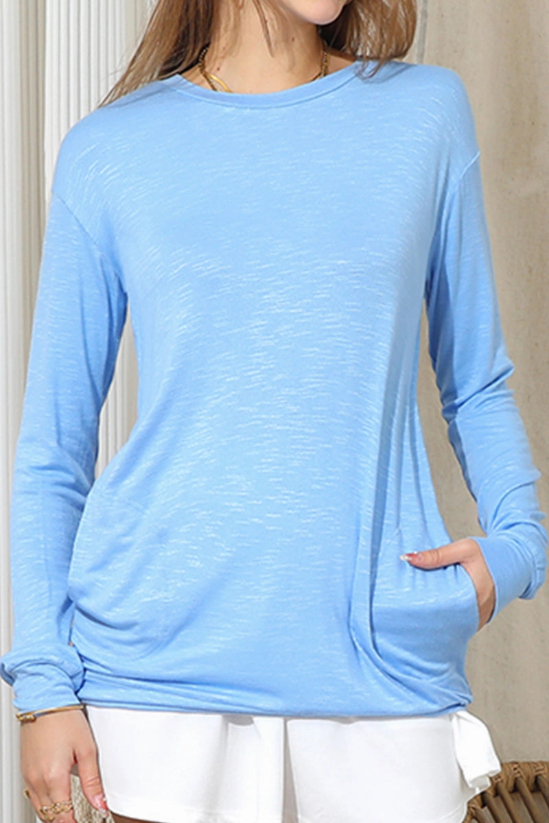 Cozy Layer BondedHemline LONG SLEEVE ROUND NECK BASIC TUNIC TOP WITH POCKET
